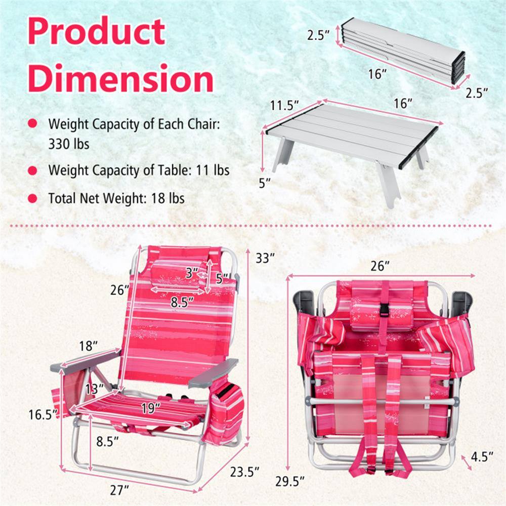 Product Dimension

- Weight Capacity of Each Chair: 330 lbs
- Weight Capacity of Table: 11 lbs
- Total Net Weight: 18 lbs

Table:
- 11.5" (width)
- 16" (depth)
- 5" (height)
- 2.5" (thickness)

Chair:
- 26" (width)
- 18" (depth)
- 33" (height)
- 16.5" (seat width)
- 19" (seat depth)
- 8.5" (seat height)
- 23.5" (armrest height)
- 27" (leg height)
- 29.5" (overall height)
- 3" (backrest height)
- 5" (backrest depth)

Folded:
- 26" (width)
- 4.5" (height)