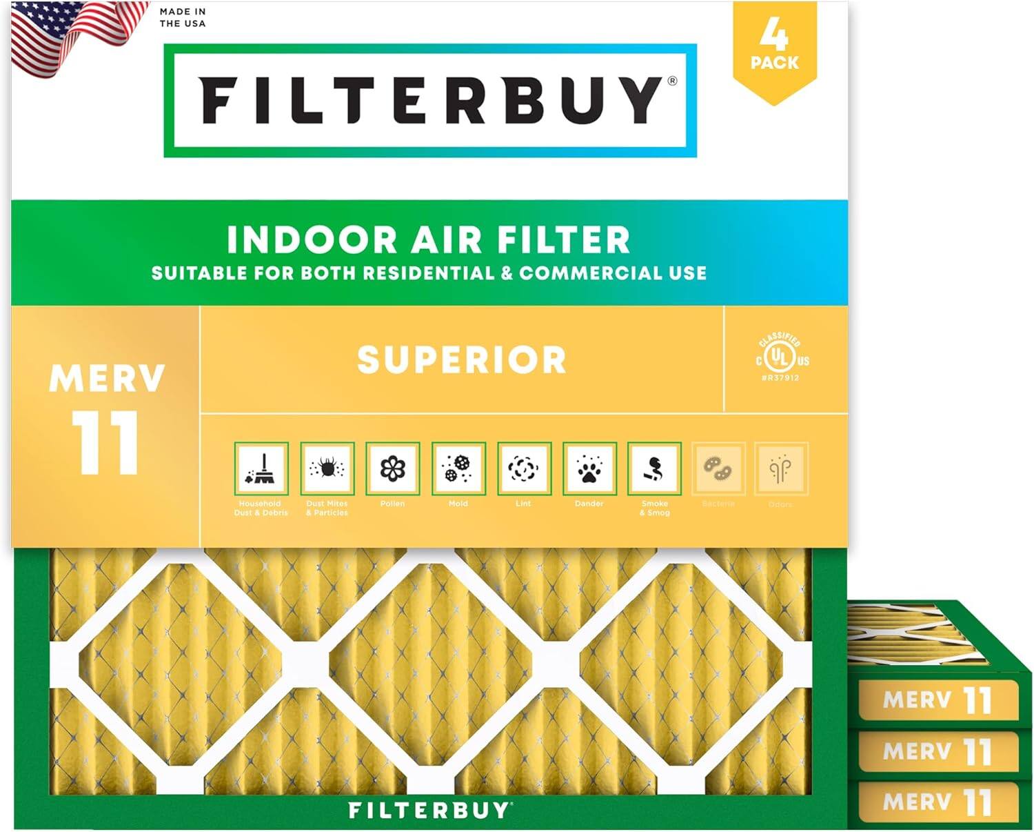 Filterbuy - 21.5x21.5x1 MERV 11 Pet & Allergy Defense, Electrostatic Pleated HVAC AC Furnace Air Filters Replacement (4-Pack) - Gold