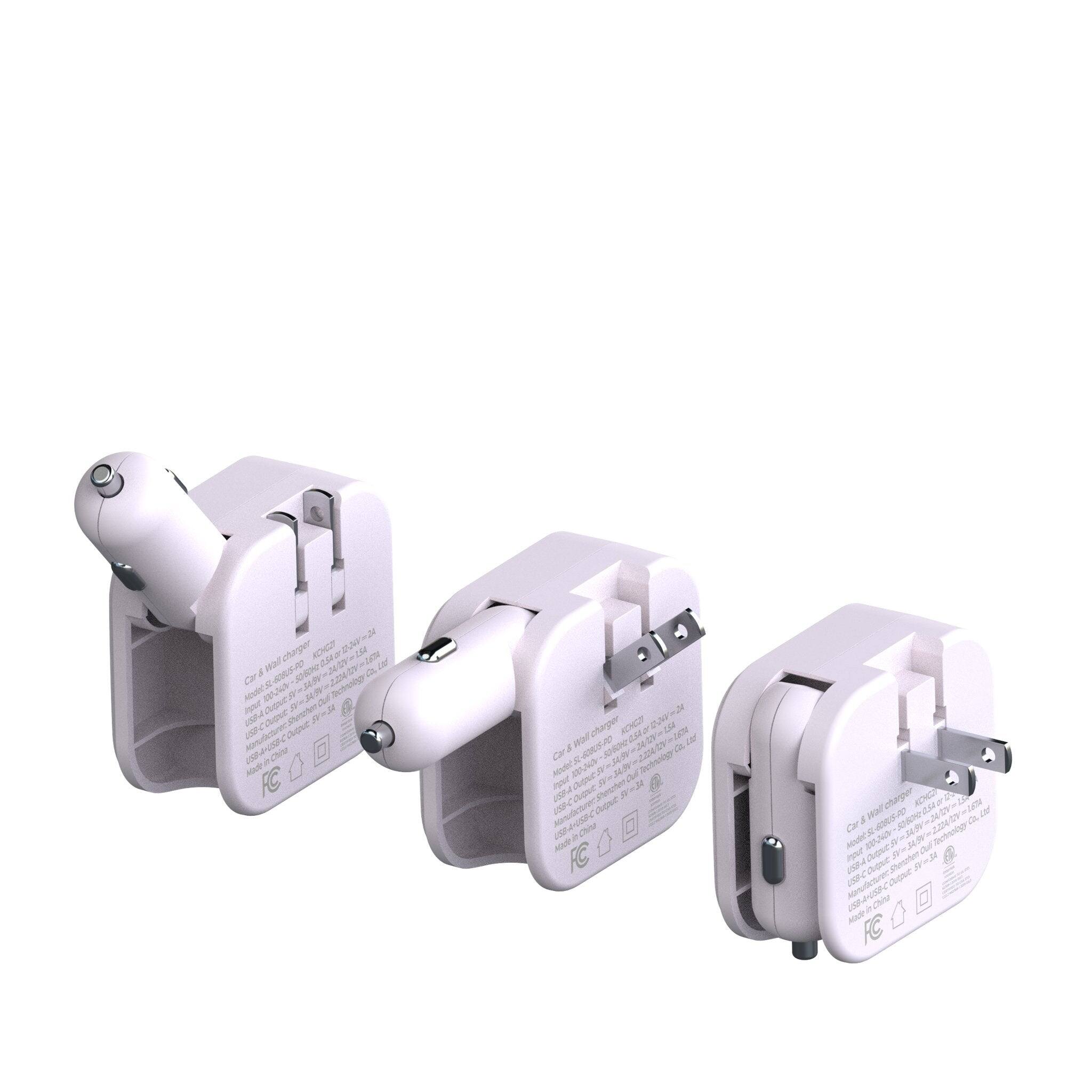 Sure, here is the corrected and grouped text from the image:

---

**C3 6-in-1 Wall Charger**

**Model No.:** C3-6000

**Input:** 100-240V~ 50/60Hz 0.5A

**Output:**
- USB-A: 5V=2.4A
- USB-C: 5V=3A, 9V=2A, 12V=1.5A, 15V=1A, 20V=1.5A
- USB-A: 5V=2.4A
- USB-C: 5V=3A, 9V=2A, 12V=1.5A, 15V=1A, 20V=1.5A

**Total Output:** 60W

**CE, FCC, RoHS, REACH, WEEE**

**Made in China**

**FC**

---

This text is repeated on each of the three wall chargers shown in the image.