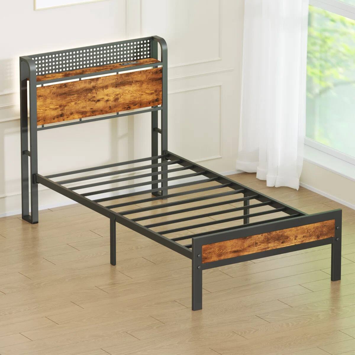 Alt View 3. Furnulem - Furnulem Bed frame with Wood Storage Headboard,Metal Platform Bed with Under Storage - Brown.
