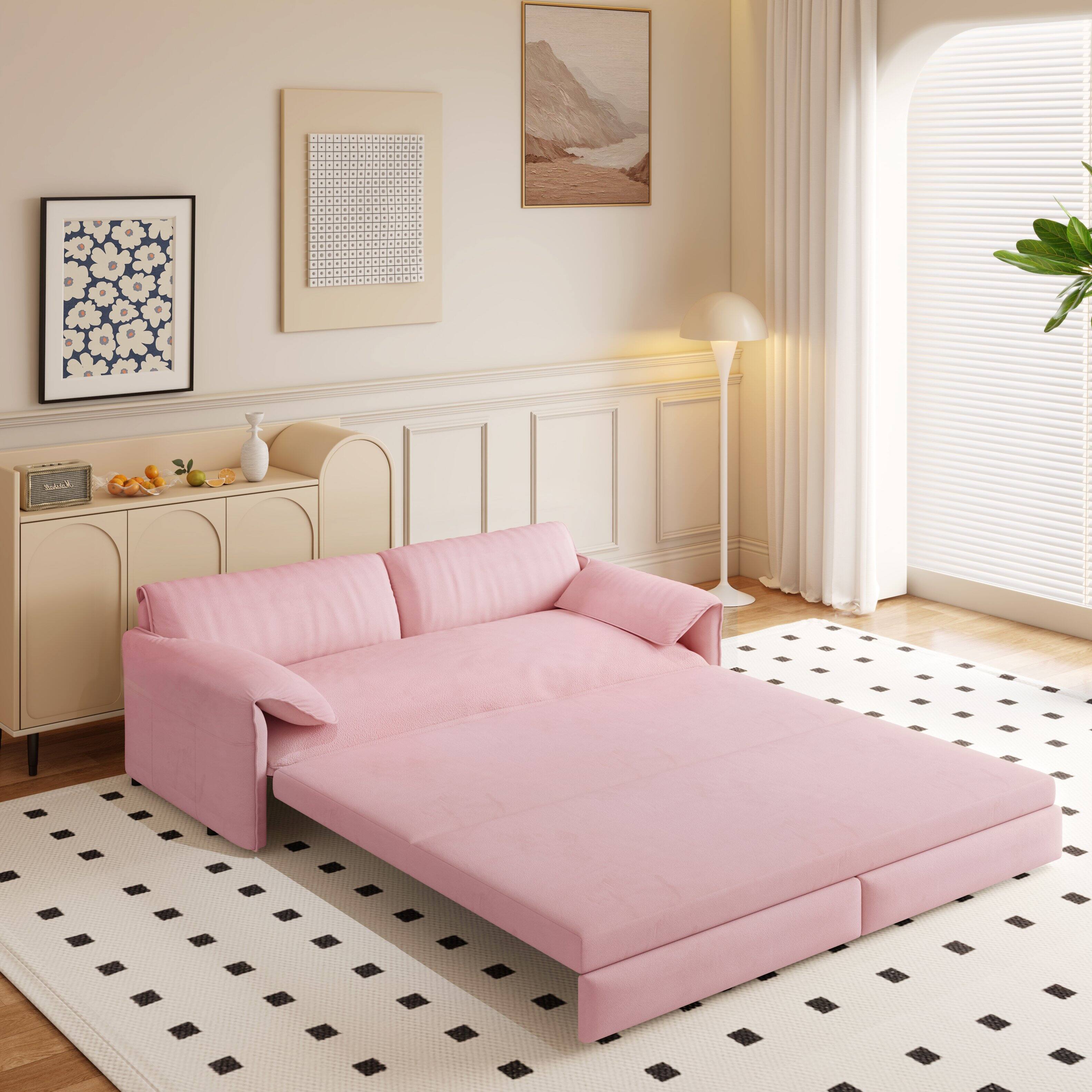 Angle. Tiramisubest - Queen Pull Out Sofa Bed,3-in-1 Convertible Sleeper Sofa with Side Storage,Velvet Loveseat for Living Room,Office,Pink - Pink.