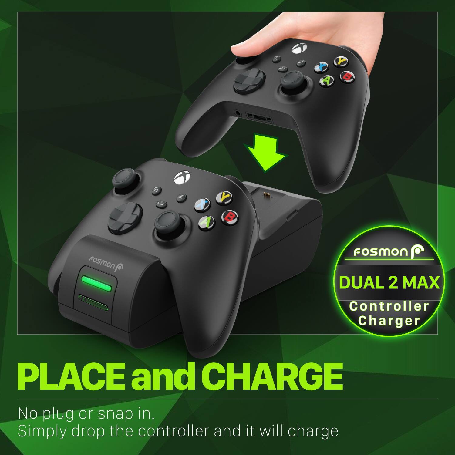 a FoSMON Fosmon DUAL 2 MAX Controller Charger PLACE and CHARGE No plug or snap in. Simply drop the controller and it will charge