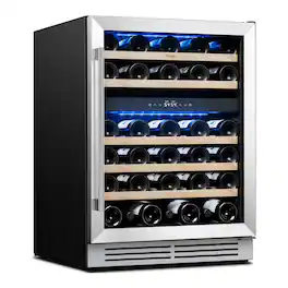 Yeego - 24 inch Dual Zone Wine Cooler Refrigerator, 52-Bottle Wine Fridge with Compressor Cooling, 40-65°F, Built in & Freestand - Stainless Steel