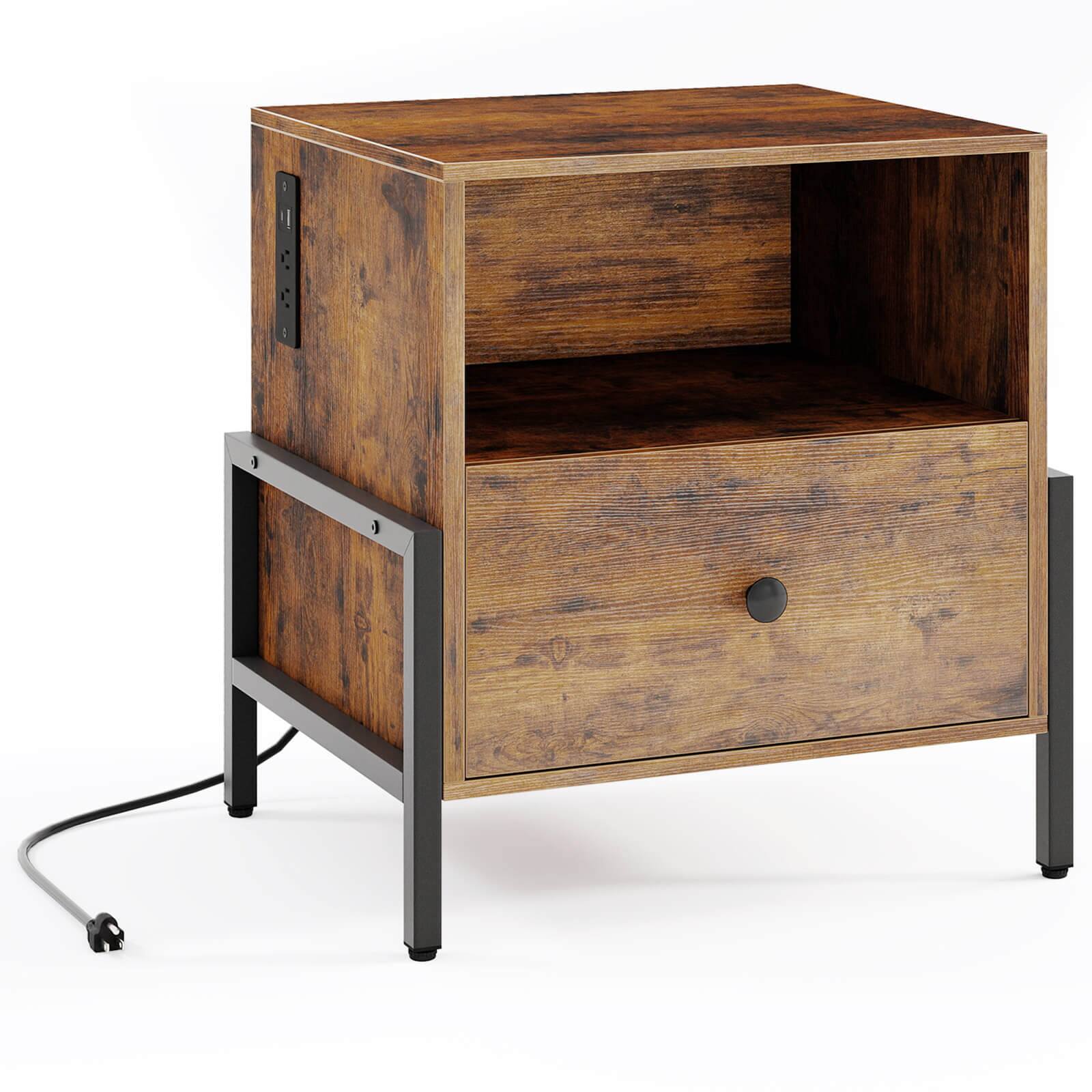 Alt View 9. Costway - Costway Nightstand with Charging Station Bedside Table with Storage Shelf Side Table - Black.