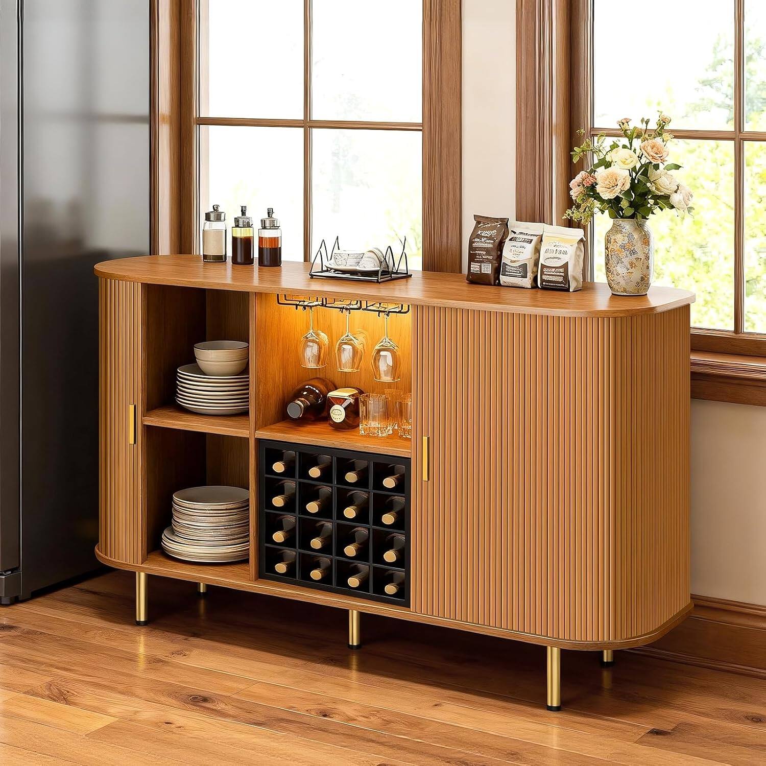 Front. Tiramisubest - 55" Wine Bar Cabinet,Fluted Liquor & Coffee Bar Cabinet with Wine Rack and Glass Holder,Buffet Sideboard with LED Lights - Yellow Walnut.