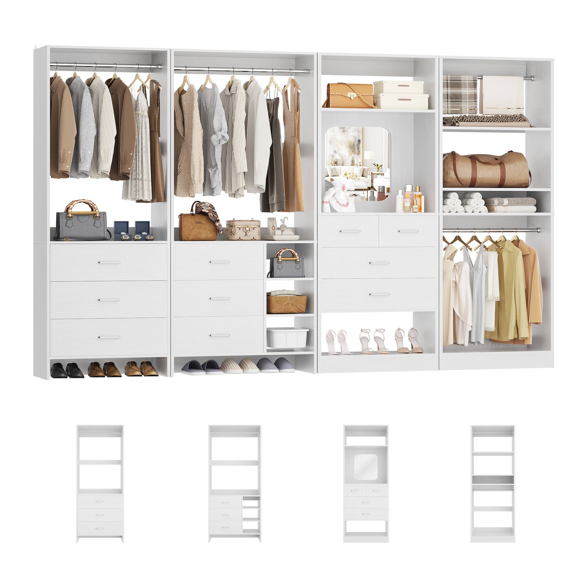 Angle. Aheaplus - 104'' Width Closet Organizer System Set, with 10 Drawers, 4 Hanging Rods, 15 Open Shelves & a Mirror, 4 Packs - White.