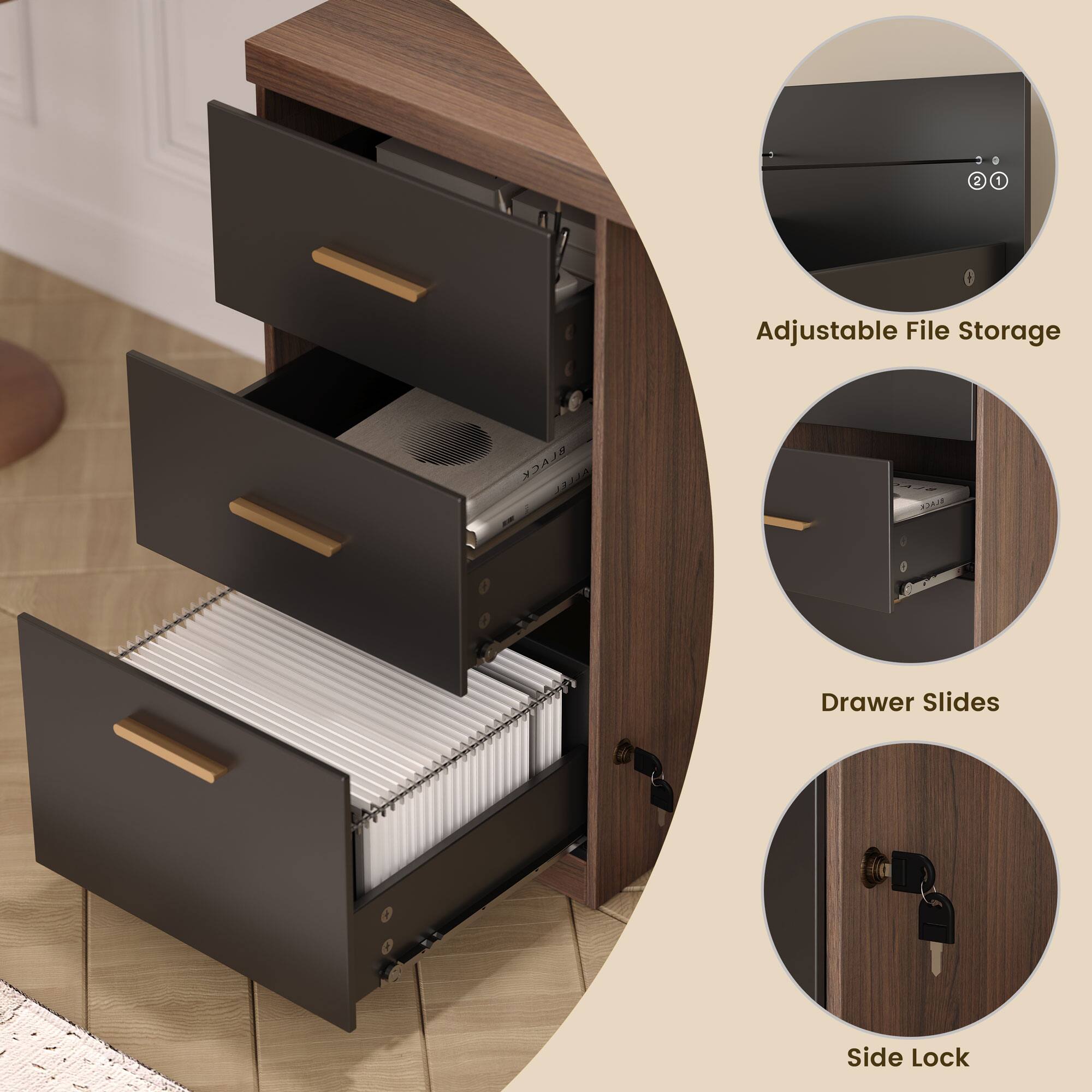 Adjustable File Storage  
Drawer Slides  
Side Lock