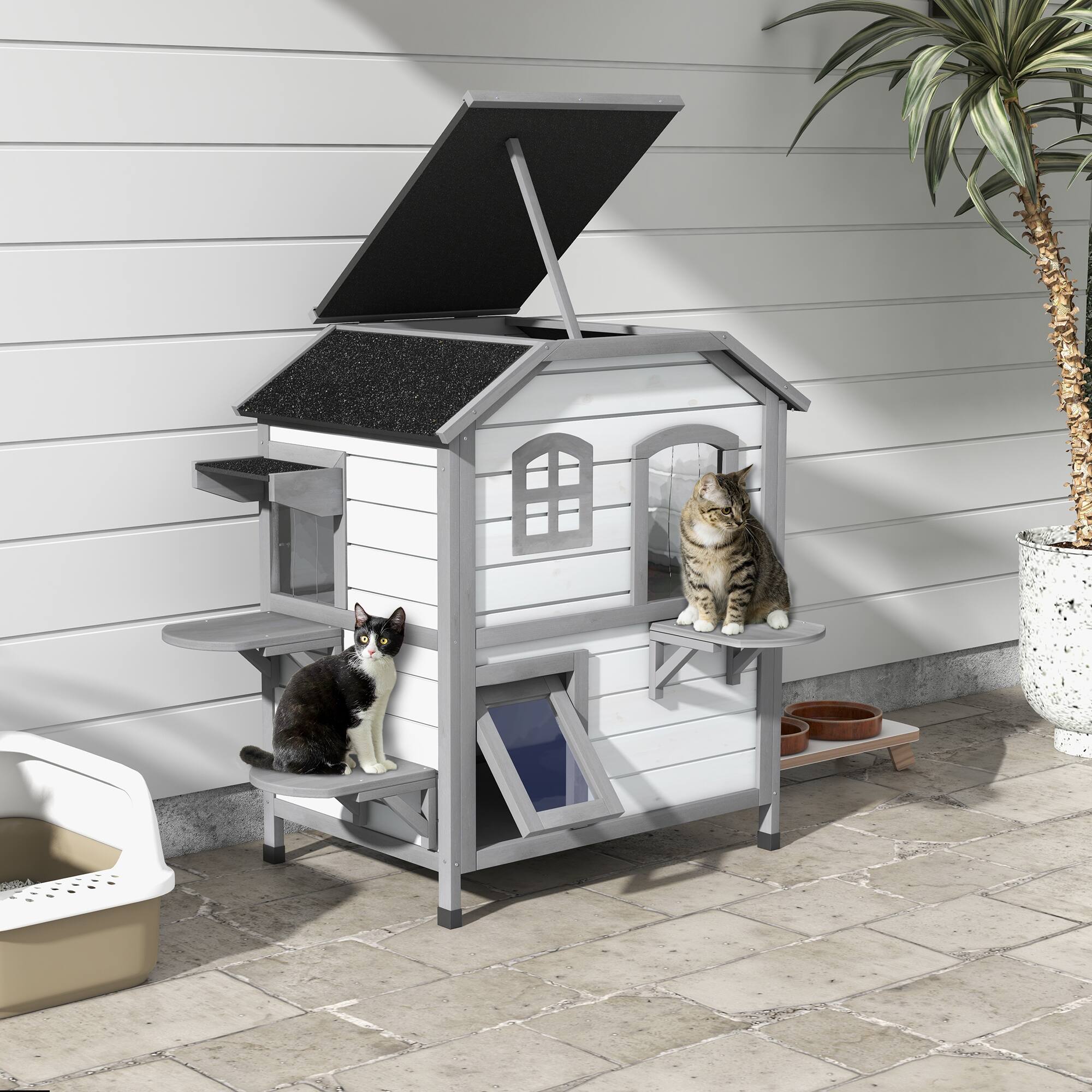 Angle. Pawhut - 2-story Cat House Outdoor, Weatherproof Wooden, for Feral Cats, Escape Door, Openable Roof, Jumping Platforms.