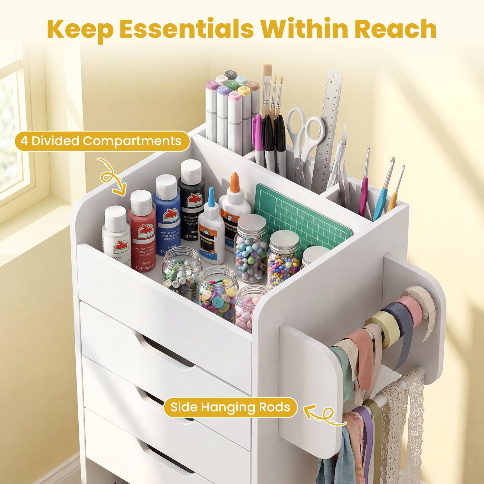 Keep Essentials Within Reach  
4 Divided Compartments  
Side Hanging Rods