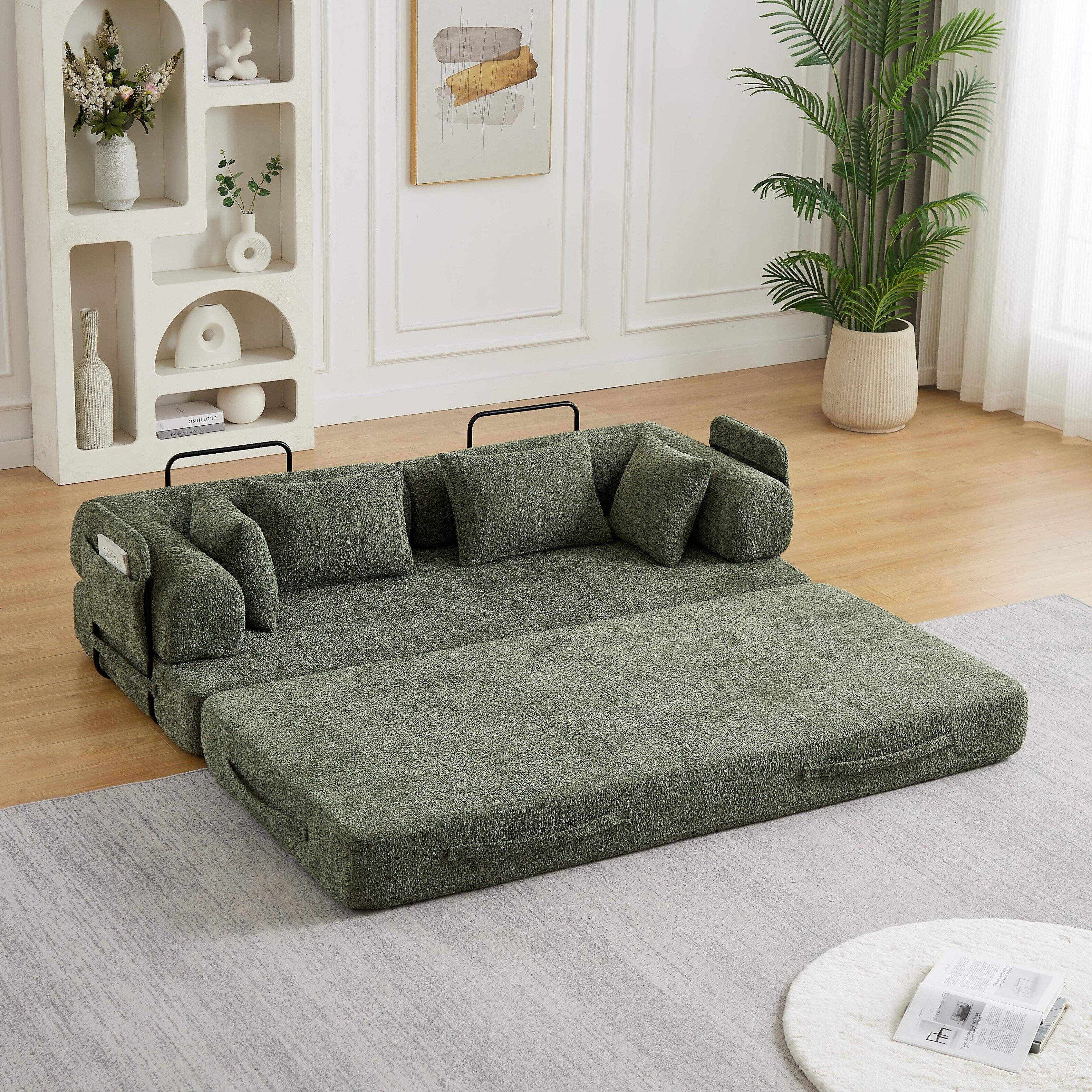 Back. Roomtec - 78.7Inch Convertible Sleeper Sofa Bed with Cylindrical Pillow Chenille Folding Mattress Couch with Folding Sofa Bed - Green.