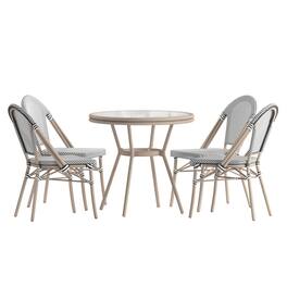 Flash Furniture - Marseille Indoor/Outdoor Commercial Bistro 31.5" Table, /White Textilene, Glass Top with 4 Stack Chairs - Light Nat - Black