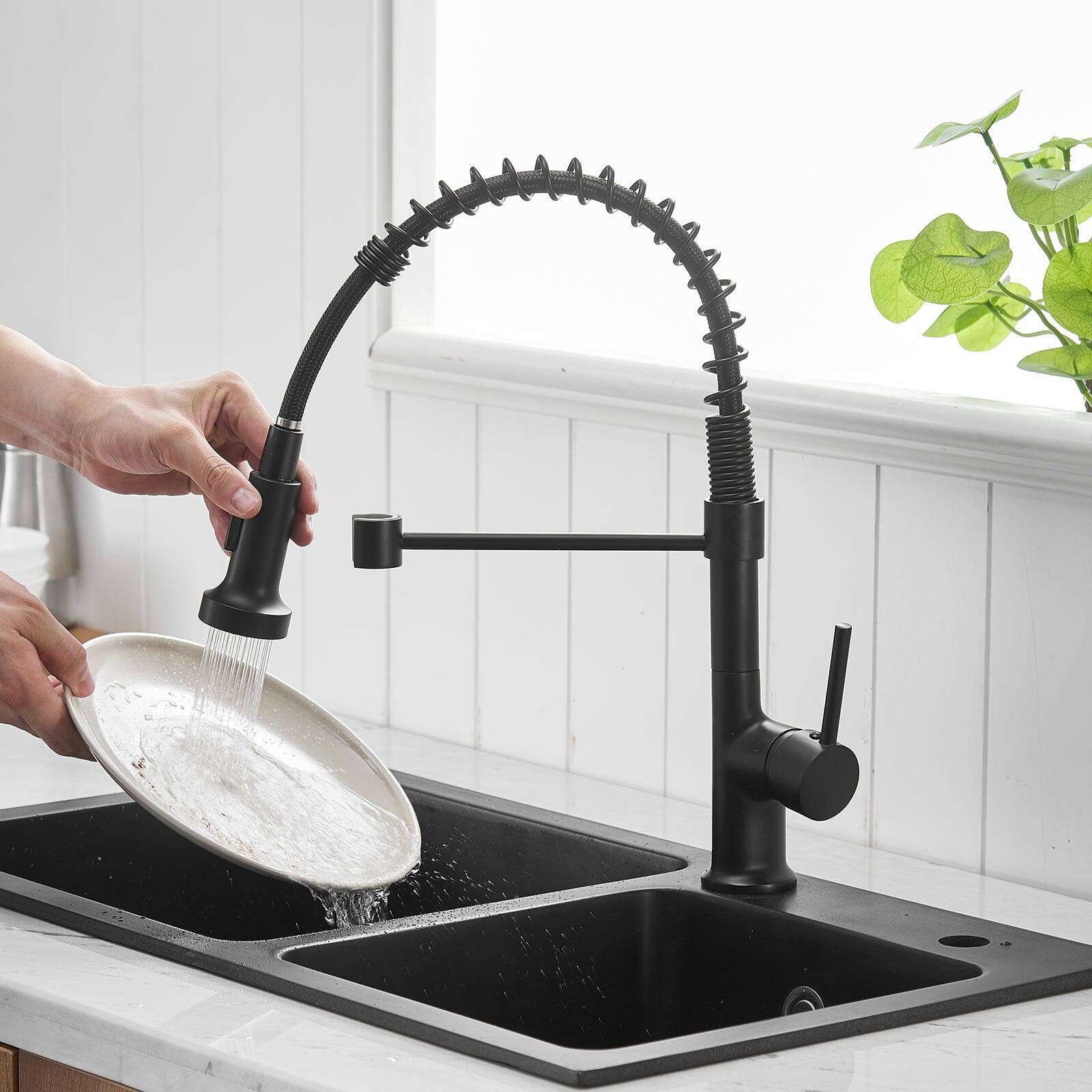 Alt View 5. Boyel Living - Brass Single Handle Pull Down Sprayer Kitchen Faucet Matte Black - Matte Black.