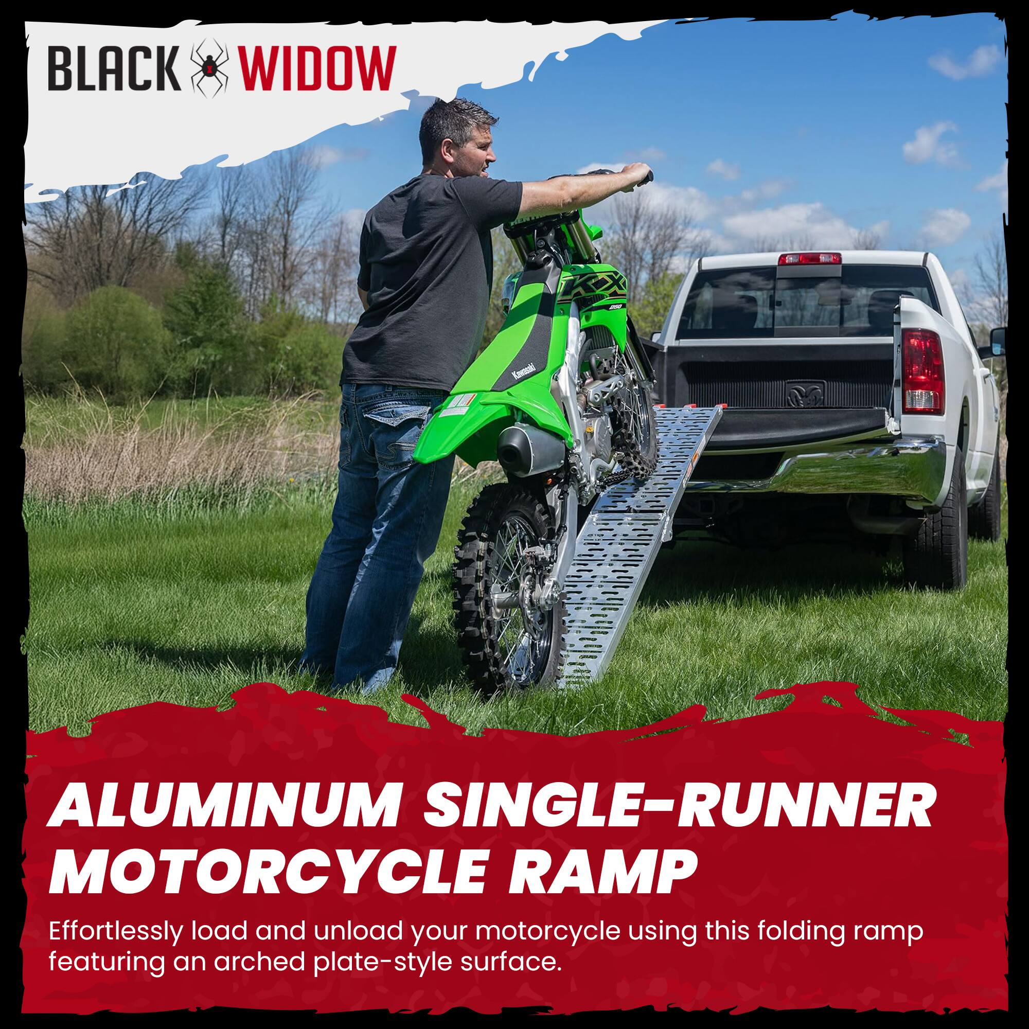 BLACK WIDOW

ALUMINUM SINGLE-RUNNER MOTORCYCLE RAMP

Effortlessly load and unload your motorcycle using this folding ramp featuring an arched plate-style surface.