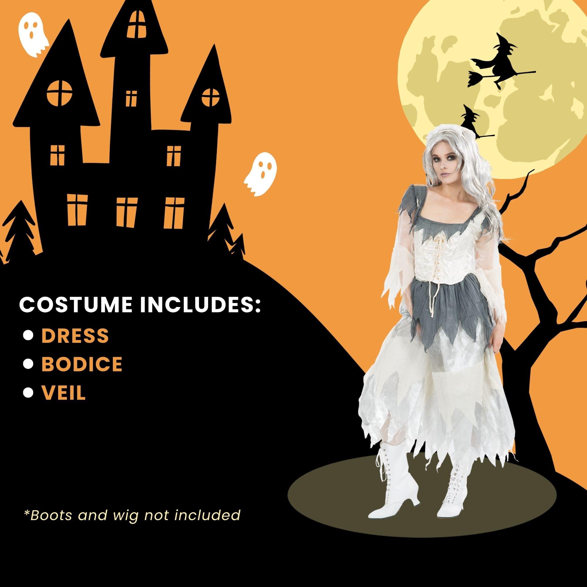 COSTUME INCLUDES:  
- DRESS  
- BODICE  
- VEIL  

*Boots and wig not included