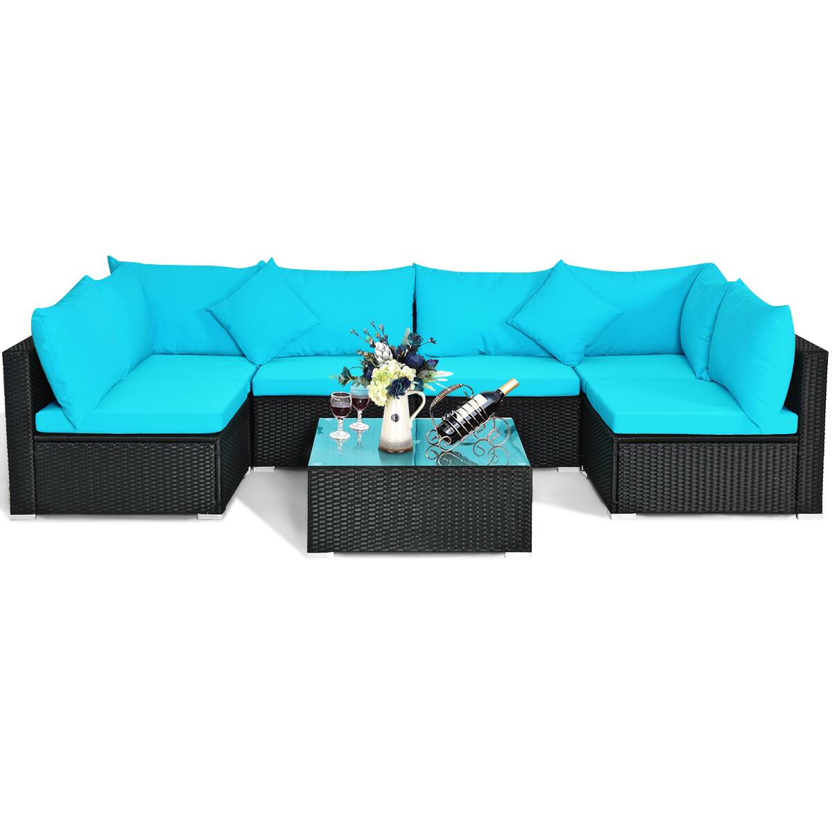 Alt View 1. Costway - Costway 7PCS Patio Wicker Sofa Set Sectional Conversation Furniture Set Garden - Turquoise.