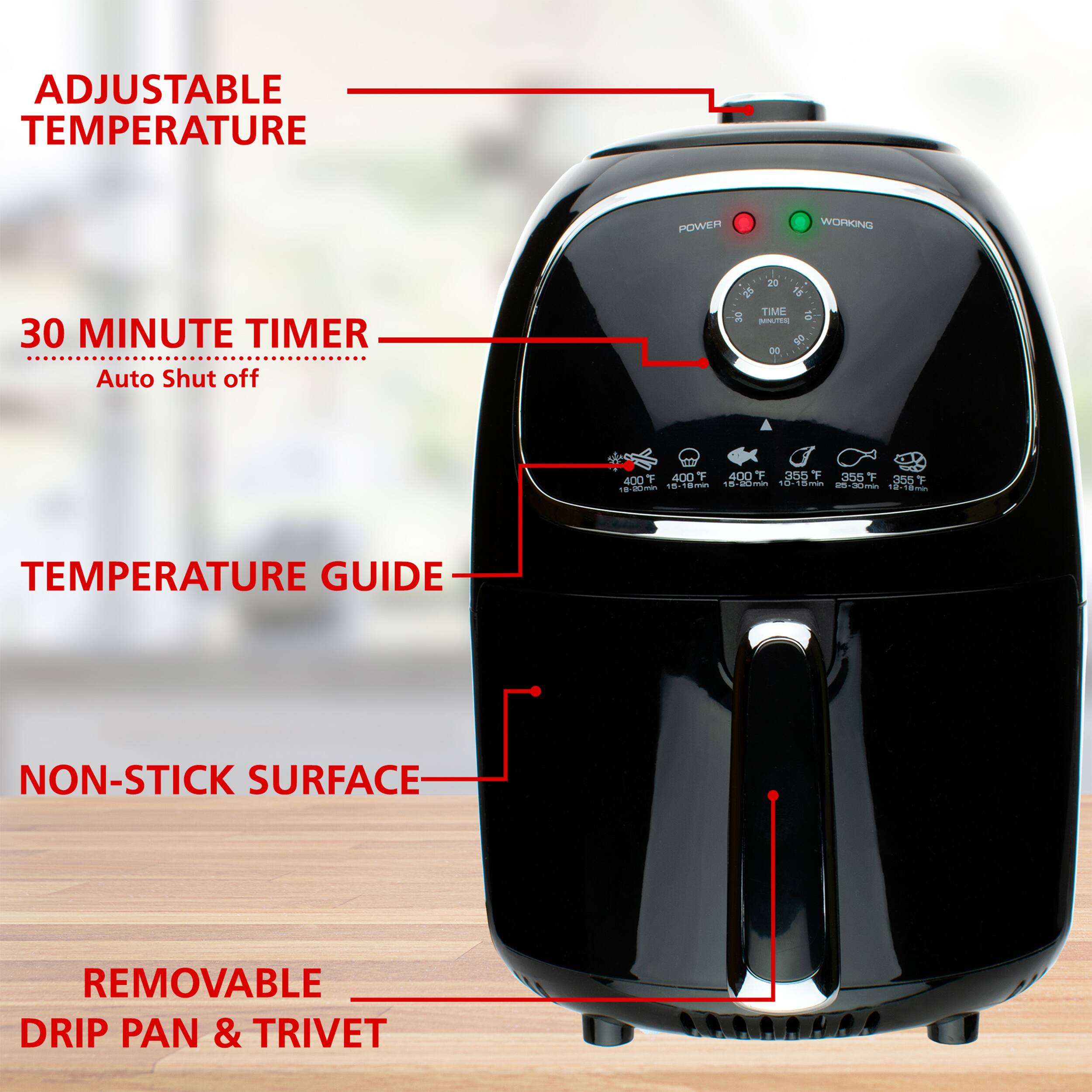 The image shows a close-up of a kitchen appliance with various labels and information about its features. The appliance has a 30-minute timer, adjustable temperature, and a non-stick surface. It also has a removable drip pan and trivet for easy cleaning. The image provides a guide to the temperature settings and how to use the appliance.