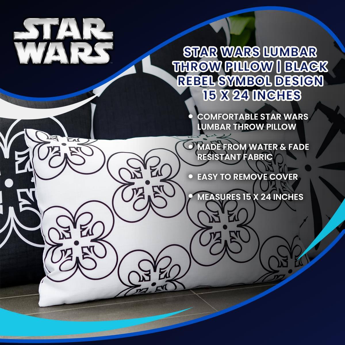 STAR WARS LUMBAR THROW PILLOW | BLACK REBEL SYMBOL DESIGN 15 X 24 INCHES

- COMFORTABLE STAR WARS LUMBAR THROW PILLOW
- MADE FROM WATER & FADE RESISTANT FABRIC
- EASY TO REMOVE COVER
- MEASURES 15 X 24 INCHES