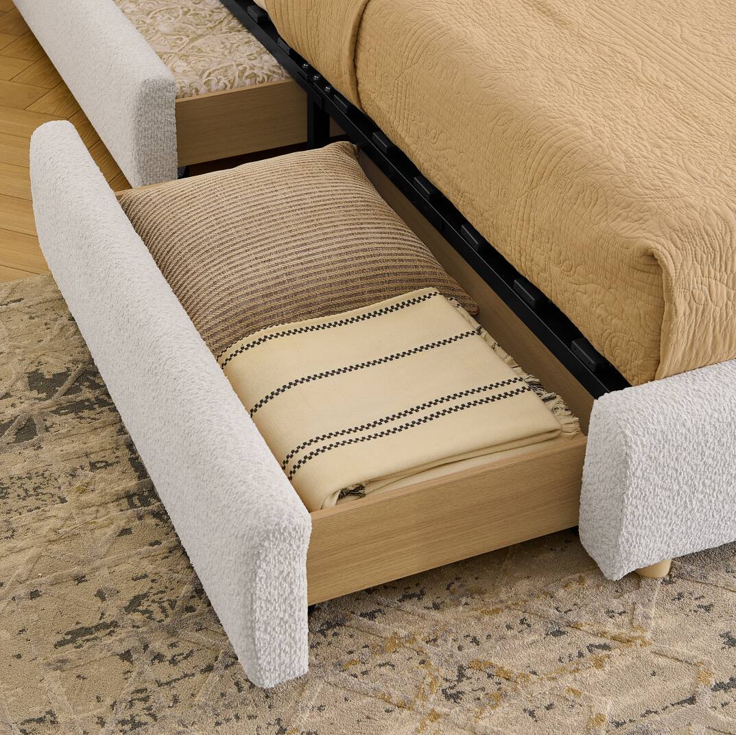Left. Anysun - Queen Minimalist Upholstered Bed Frame - Circle Yarn Fabric, Curved Headboard, Wheeled Drawer Storage - Beige.