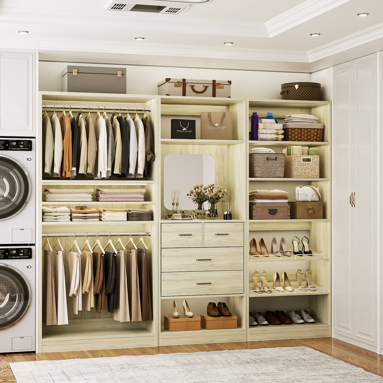 Alt View 4. Aheaplus - Large Walk-in Closet System Set of 3, 86'' Wide Closet Storage System with Drawers, Hanging Rods and Shoe Racks - Beige Oak.