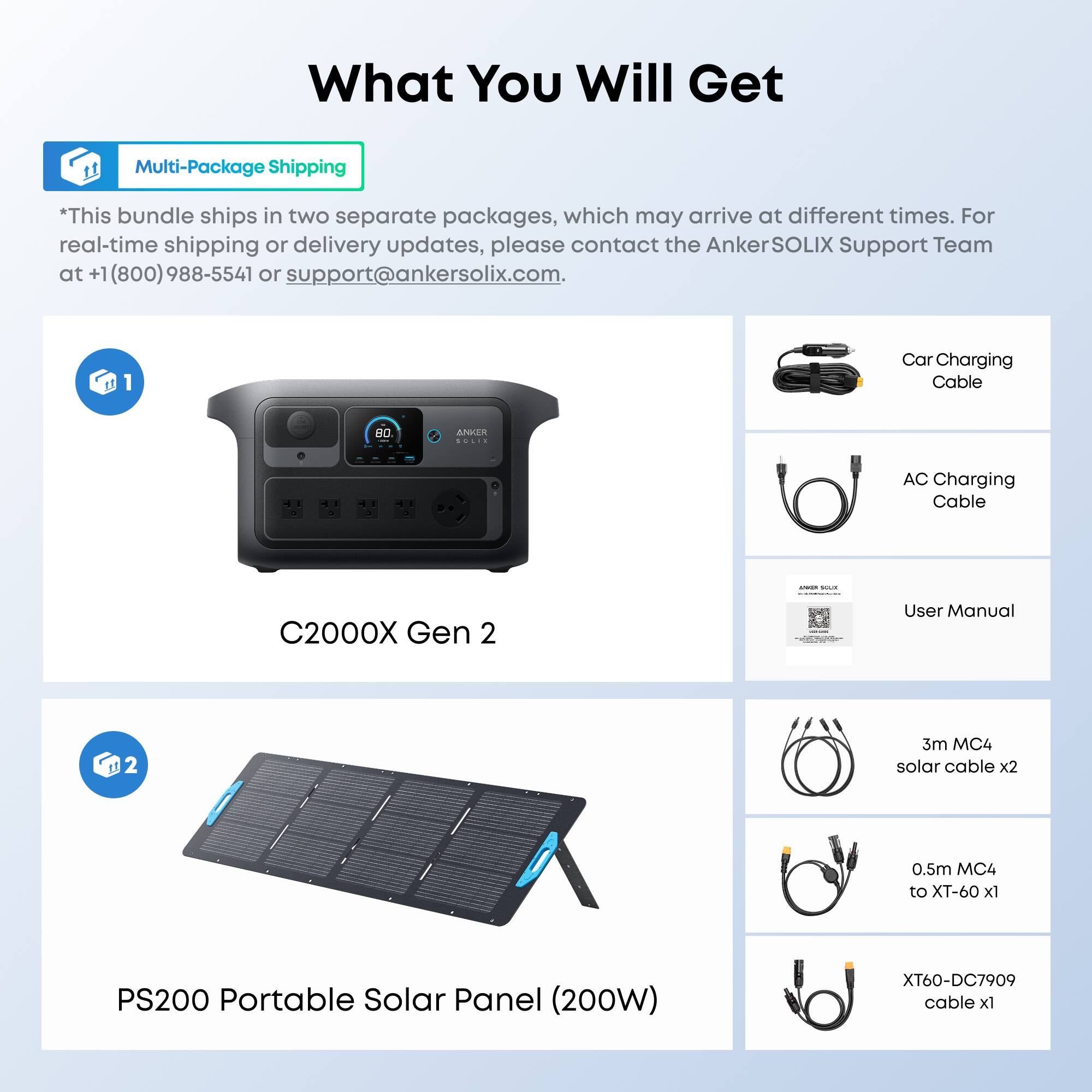 What You Will Get

Multi-Package Shipping
*This bundle ships in two separate packages, which may arrive at different times. For real-time shipping or delivery updates, please contact the AnkerSOLIX Support Team at +1 (800) 988-5541 or support@ankersolix.com.

1. C2000X Gen 2
   - Car Charging Cable
   - AC Charging Cable
   - User Manual

2. PS200 Portable Solar Panel (200W)
   - 3m MC4 solar cable x2
   - 0.5m MC4 to XT-60 x1
   - XT60-DC7909 cable x1