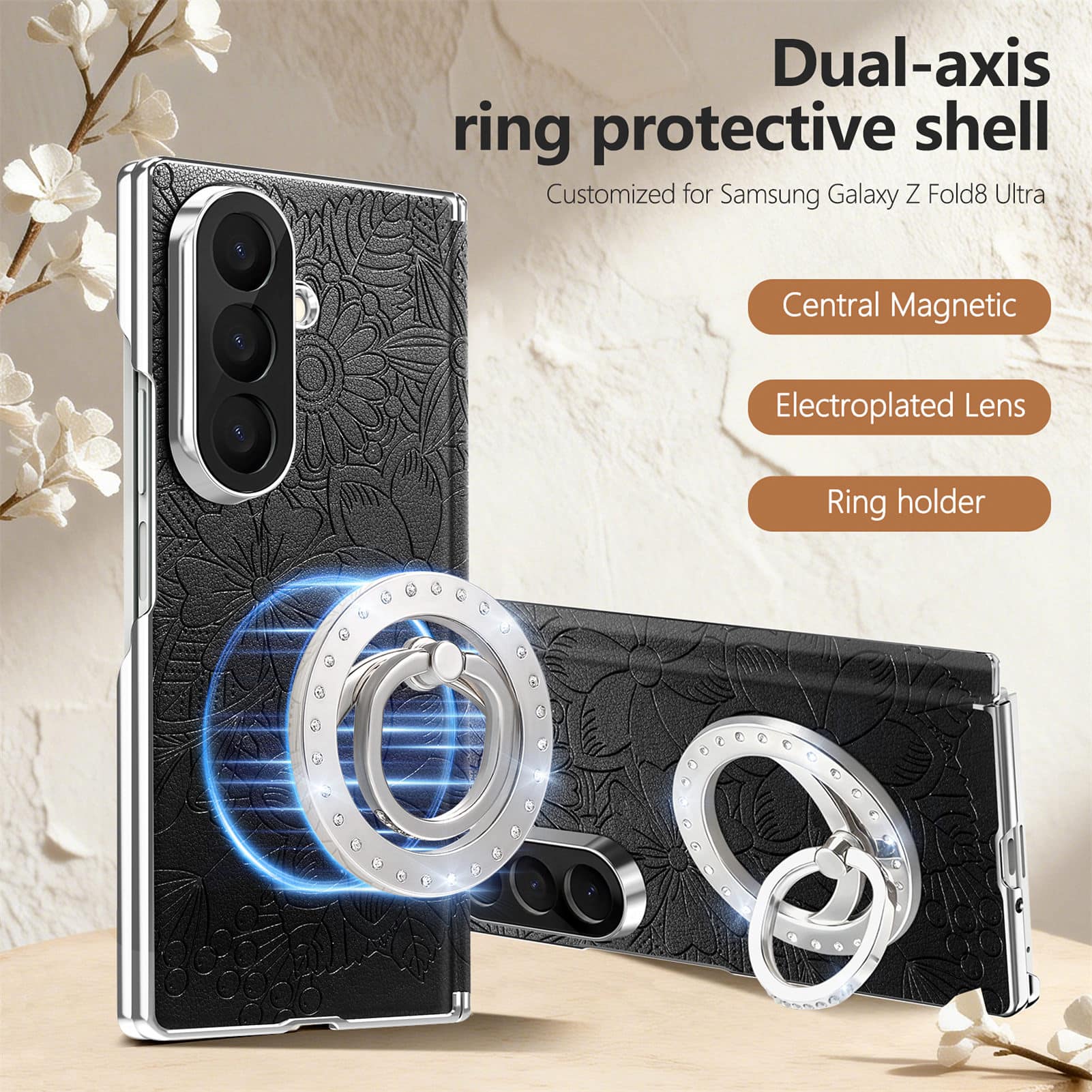 Dteck - Shockproof Leather Texture Case for Samsung Galaxy Z Fold8 Ultra with Ring Stand, Magnetic Rigid Plastic Hinge Cover - Black price history on PriceWatchPro