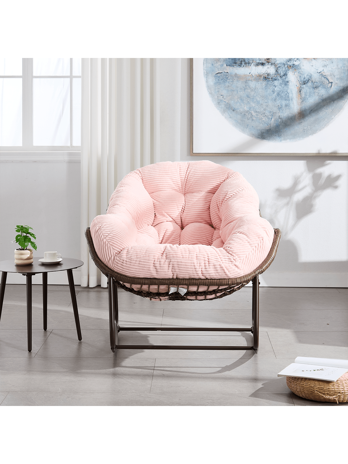 Back. Trinkets Crazed - Outdoor Indoor Rocking Chair With Padded Cushion, Oversized Patio Papasan Rocking Egg Chair - Pink.
