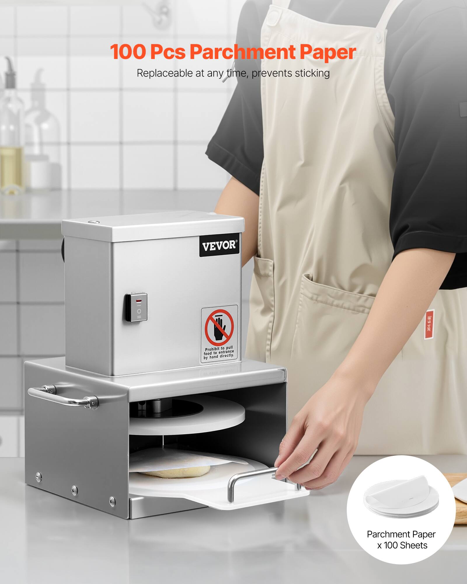 100 Pcs Parchment Paper  
Replaceable at any time, prevents sticking  

VEVOR XLR Prohibit to pull Feed - nthin_toraN by hand directly.  

Parchment Paper x 100 Sheets