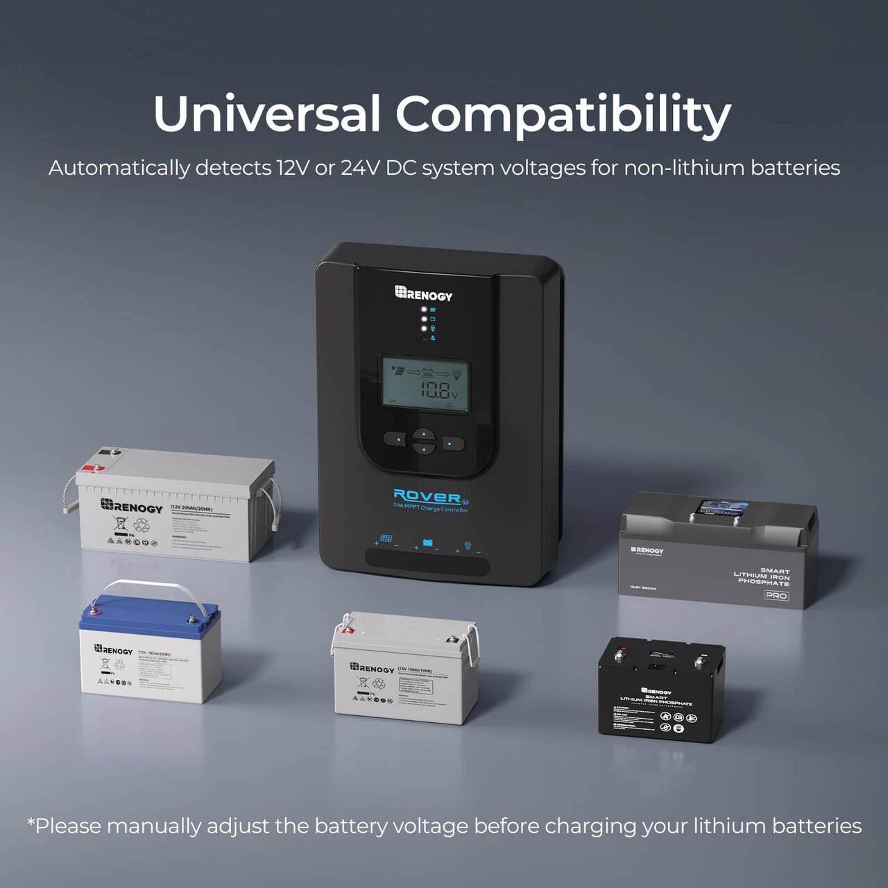 Universal Compatibility Automatically detects 12V or 24V DC system voltages for non-lithium batteries BRENOGY Ino VOUI BRENOGY ROVER ARDO D BAEHGT SMART UTRRU PHOSPHA PRRO SREN ALNOOS RENoGY i - Please manually adjust the battery voltage before charging your lithium batteries.