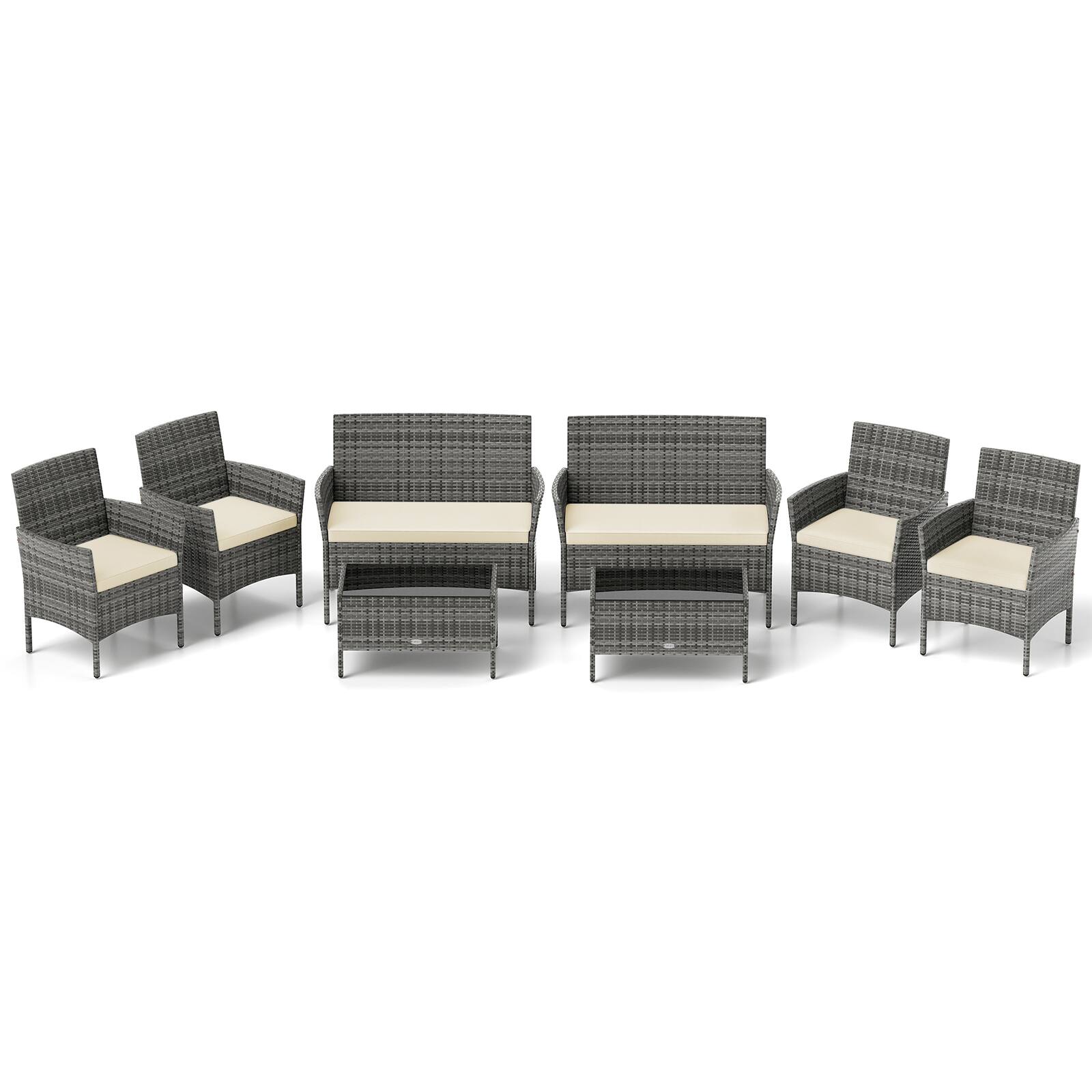 Alt View 7. Gymax - Gymax Set Of 8 Patio Furniture Set w/Washable Cushions & Tempered Glass Coffee Table Beige - Mix Gray, Beige.