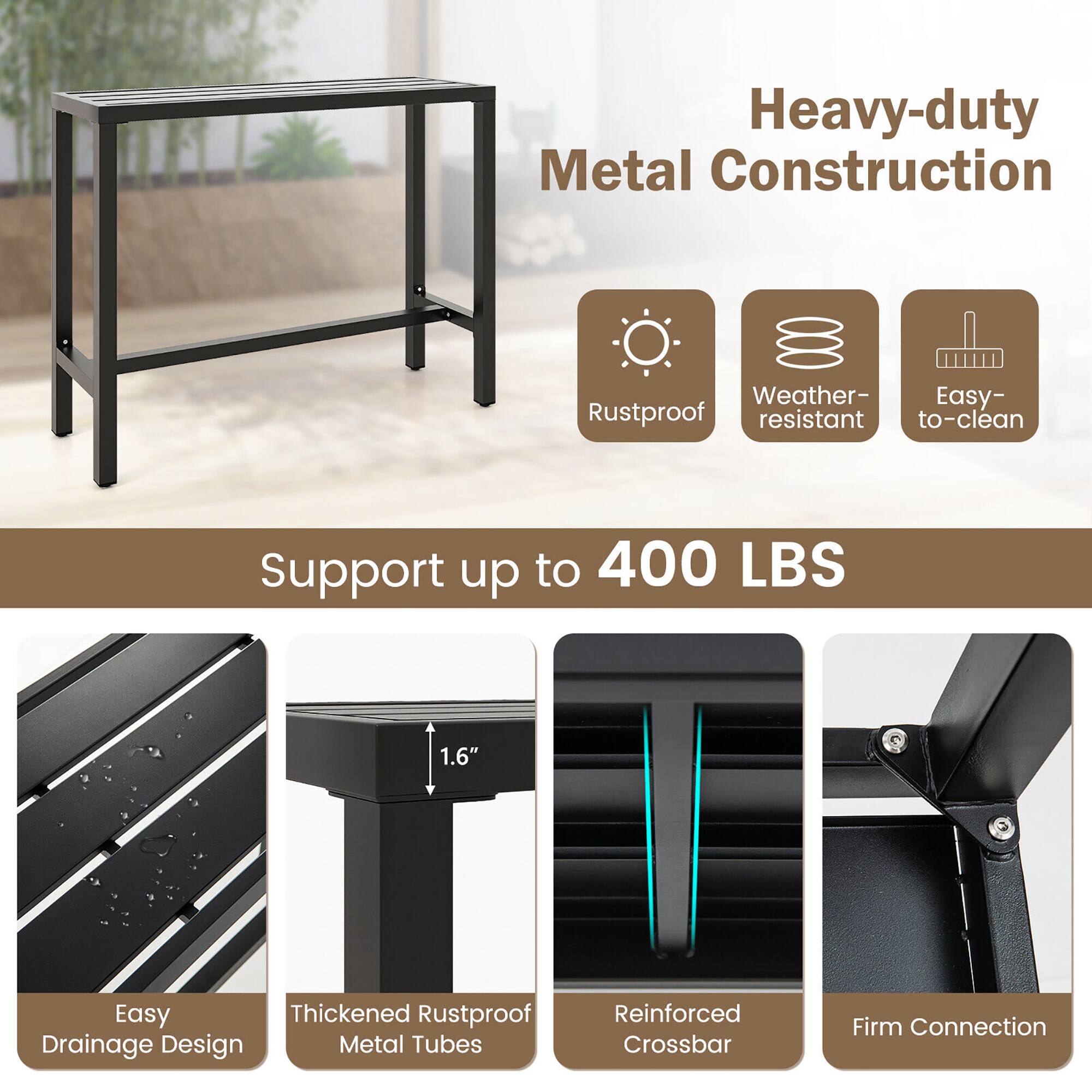 Heavy-duty Metal Construction, Weather-resistant, Rustproof, Easy-to-clean, Support up to 400 LBS, 1.6", Easy Drainage Design, Thickened Rustproof Metal Tubes, Reinforced Crossbar, Firm Connection