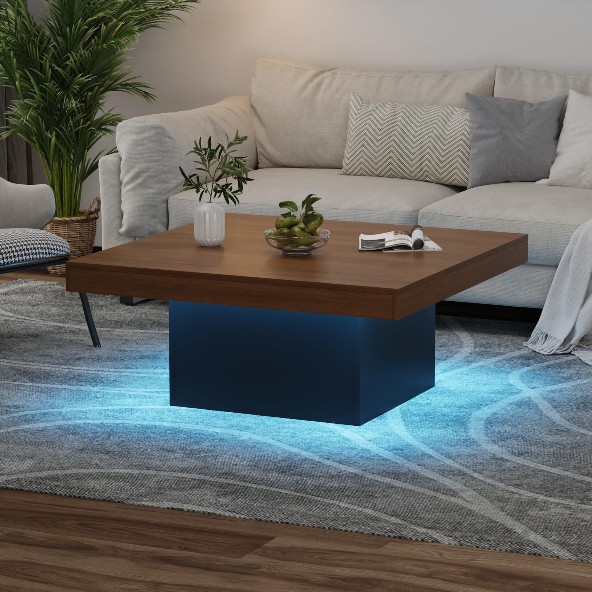 Back. Acekool - Square Coffee Table, 35 Inch LED Living Room Tables,Modern Coffee Tables with Plug-in 16-Color LED Lights,Cocktail Table - Brown.