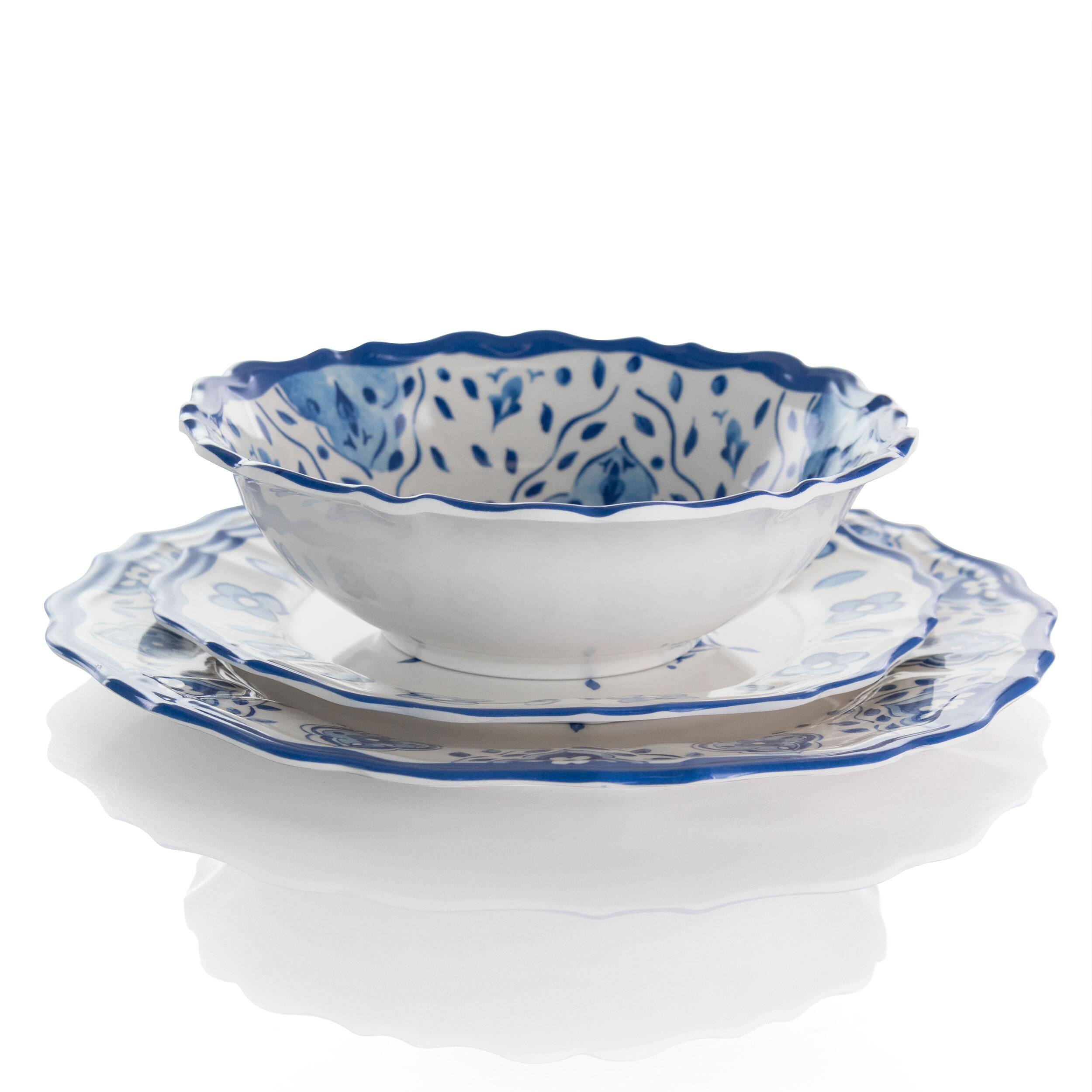 Angle. Elama - Elama Blue Garden 12 Piece Scalloped Lightweight Melamine Dinnerware Set in Blue - Blue.