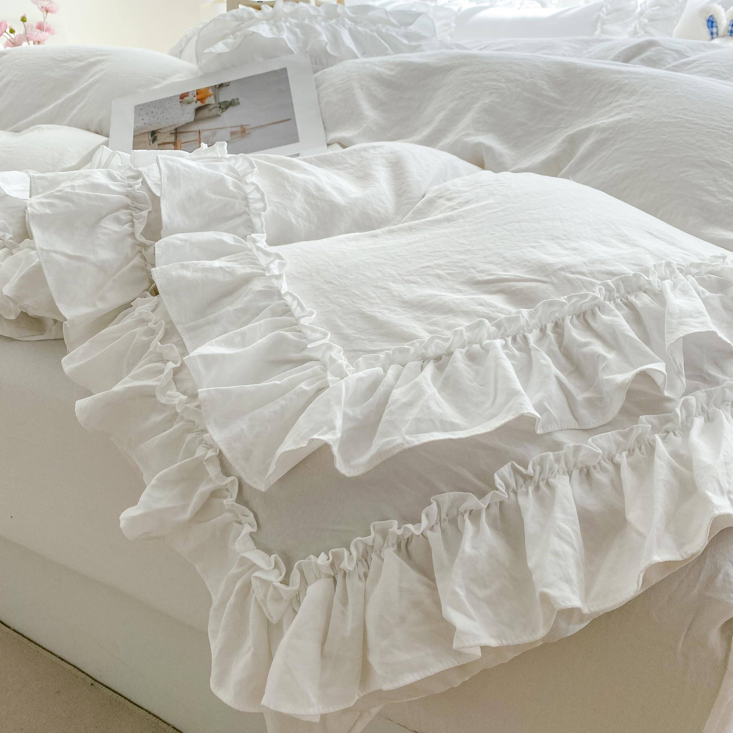 Alt View 3. Earthley Blooms - Shabby Chic 3 Pieces Bedding Vintage Ruffled Full Duvet Cover Set With 2 Layers Ruffles Soft Brushed - Solid White-Queen.