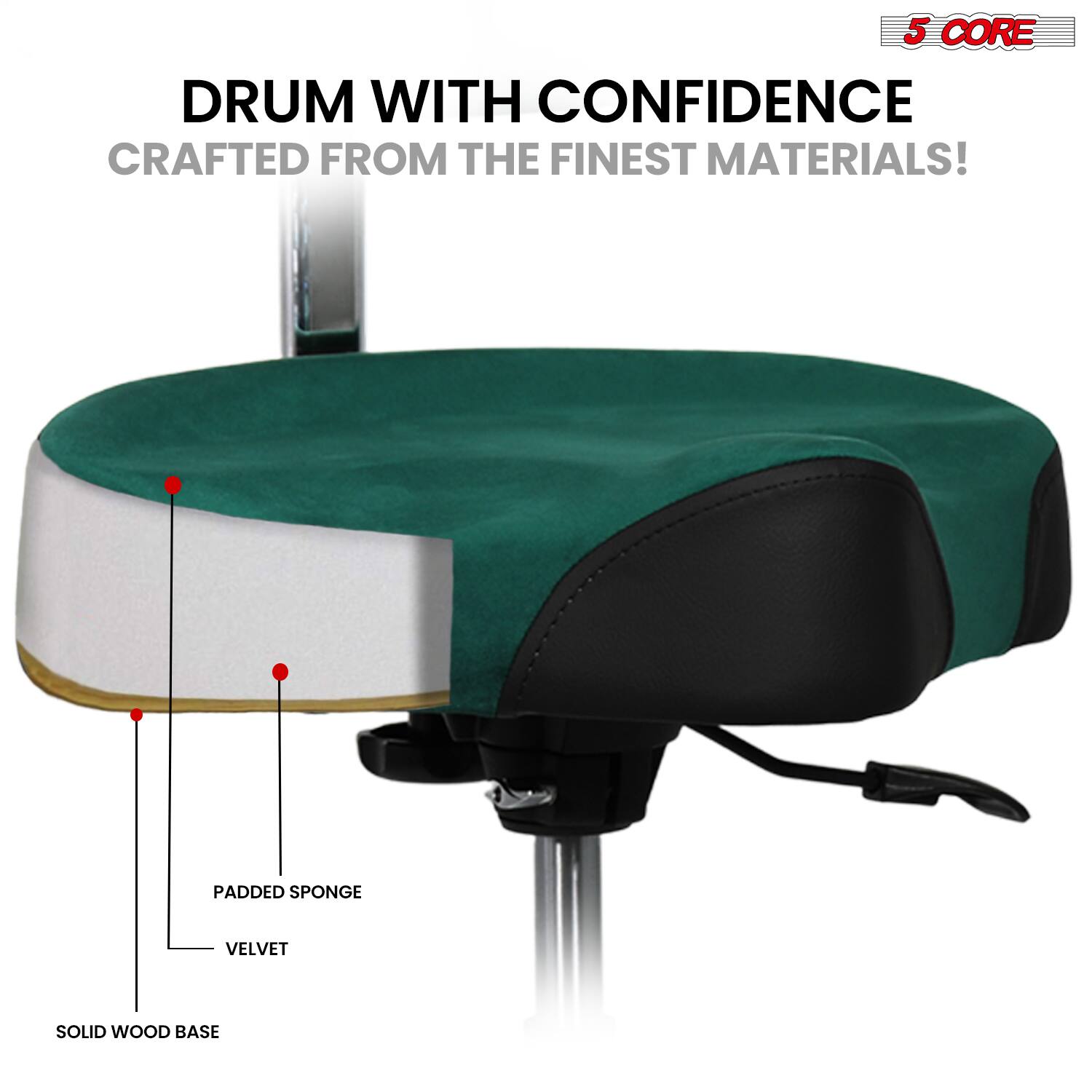 5 CORE  
DRUM WITH CONFIDENCE  
CRAFTED FROM THE FINEST MATERIALS!  

- SOLID WOOD BASE  
- VELVET  
- PADDED SPONGE