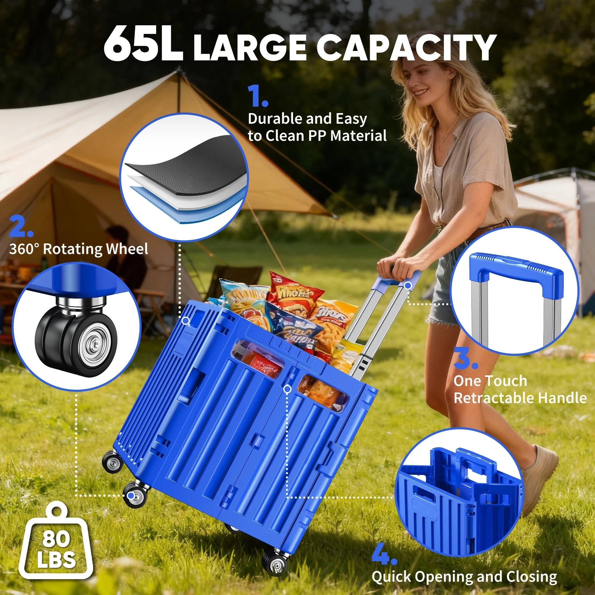 65L LARGE CAPACITY

1. Durable and Easy to Clean PP Material
2. 360° Rotating Wheel
3. One Touch Retractable Handle
4. Quick Opening and Closing

80 LBS
