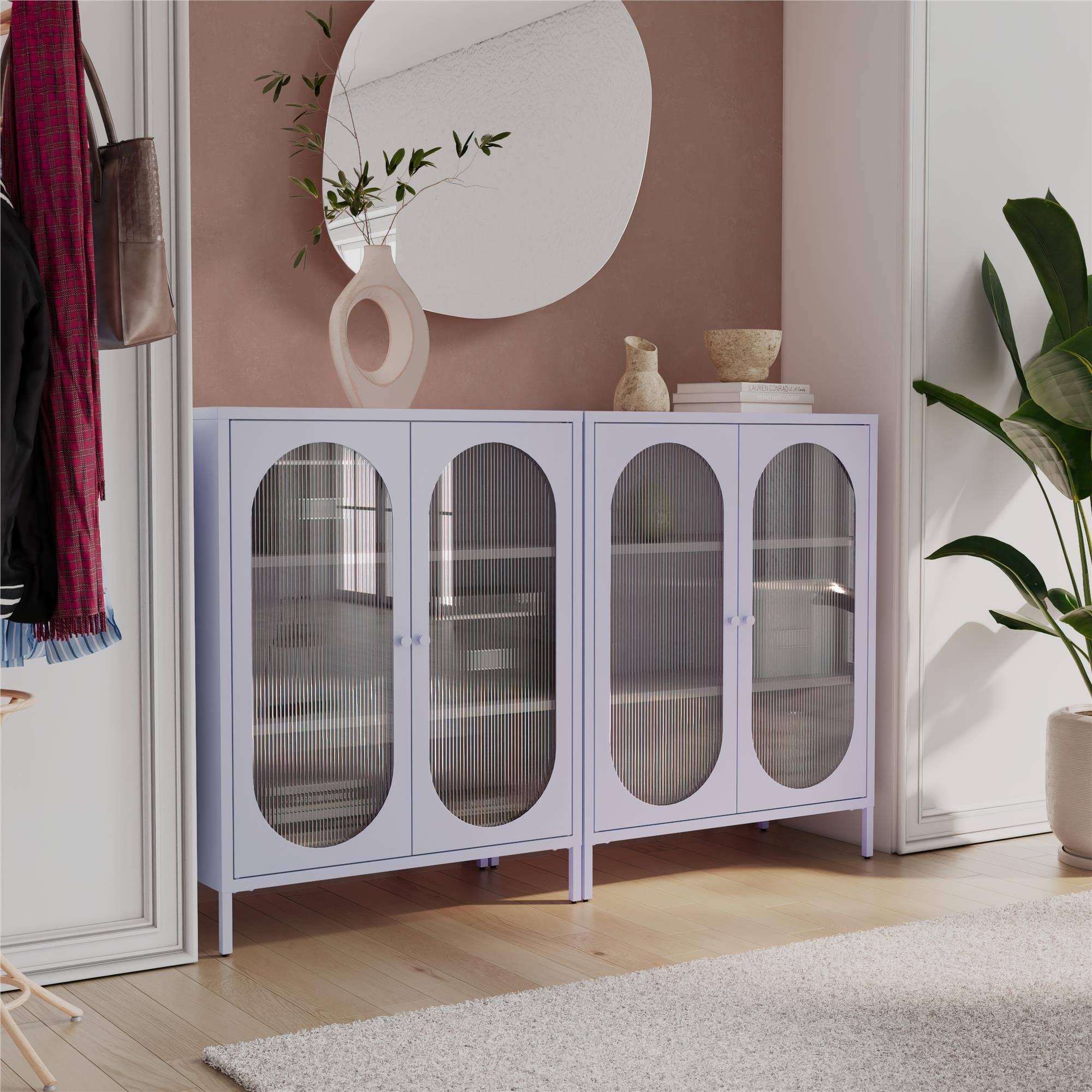 Back. Aukfa - Short 2-Door Metal Accent Cabinet - Fluted Glass Doors, 3 Shelves (2 Adjustable), 31.5"W x 40"H - Purple.