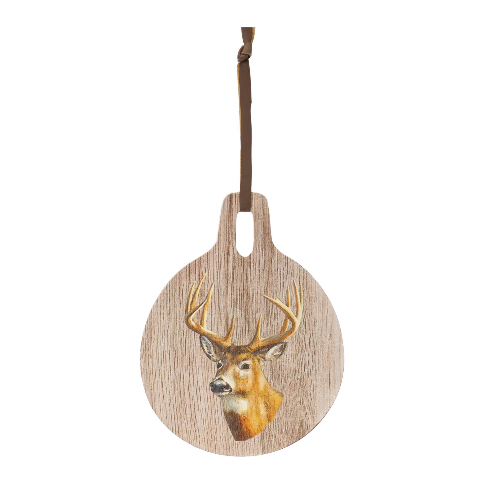 Angle. BreeBe - Deer Print Cutting Board Decor 7.75"D - Brown, White.