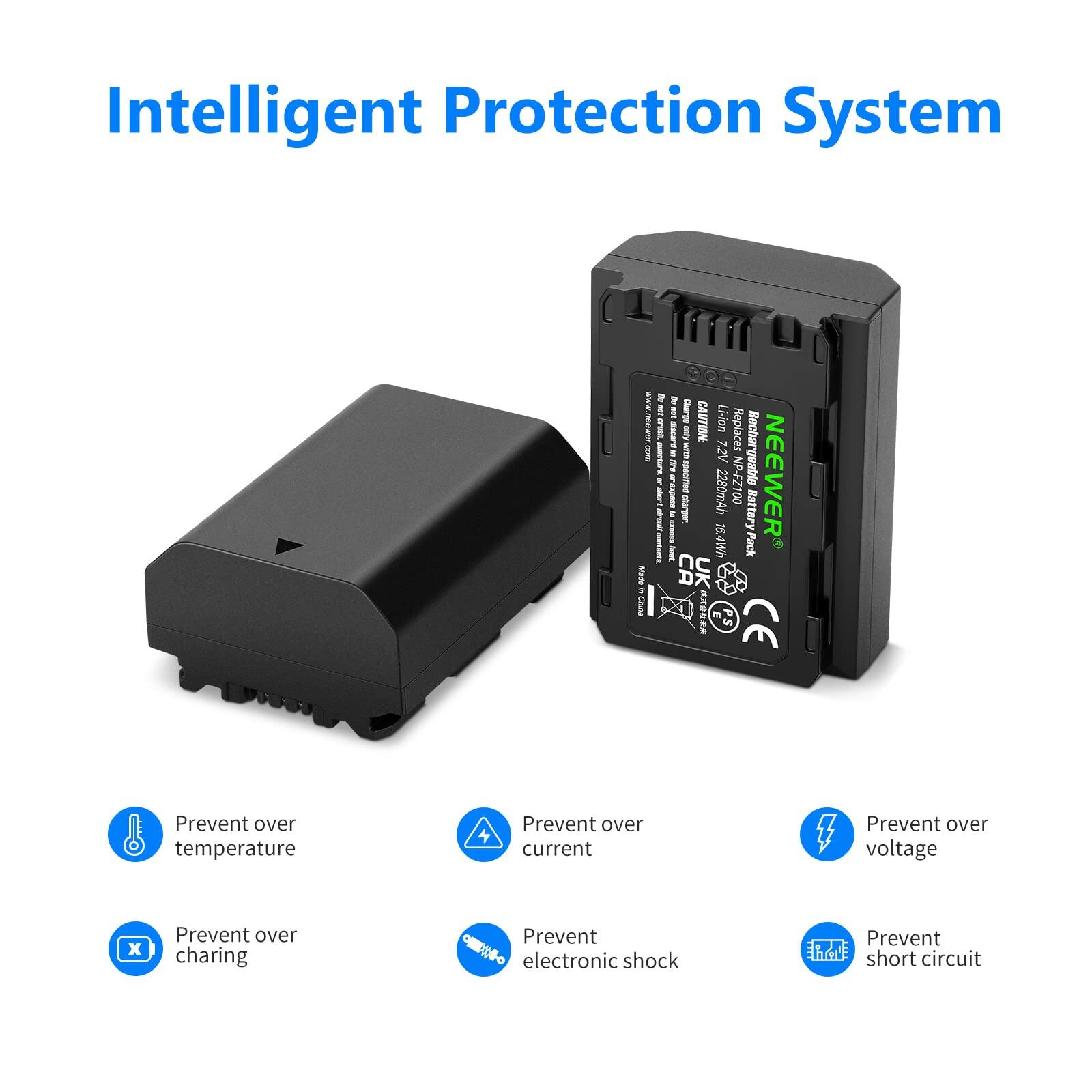 Intelligent Protection System

- Prevent over temperature
- Prevent over current
- Prevent over voltage
- Prevent over charging
- Prevent electronic shock
- Prevent short circuit

CAUTION: Li-ion Replaces BwNe Rechargeable M I I 7.2V MP I I 1 i E I - 2280mAh NP-FZ100 Battery NEEWER I Bt 16.4Wh Pack Made & Unc E CE