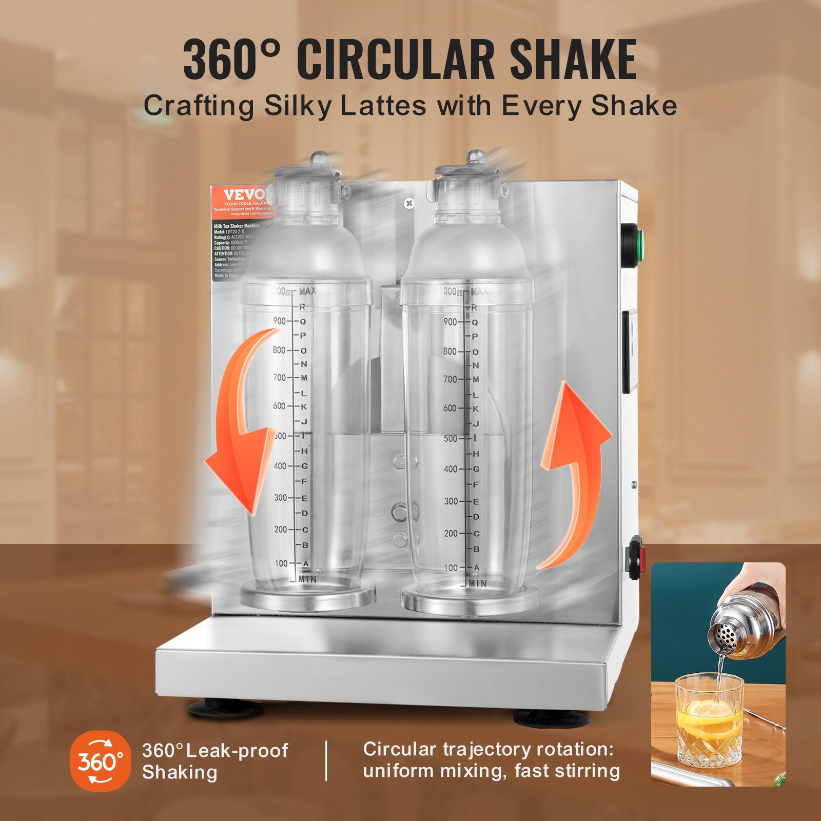 360° CIRCULAR SHAKE  
Crafting Silky Lattes with Every Shake  

VEVO  
Natural Source of Energy  
Mix to Taste & Enjoy  

360° Leak-proof Shaking  

Circular trajectory rotation: uniform mixing, fast stirring
