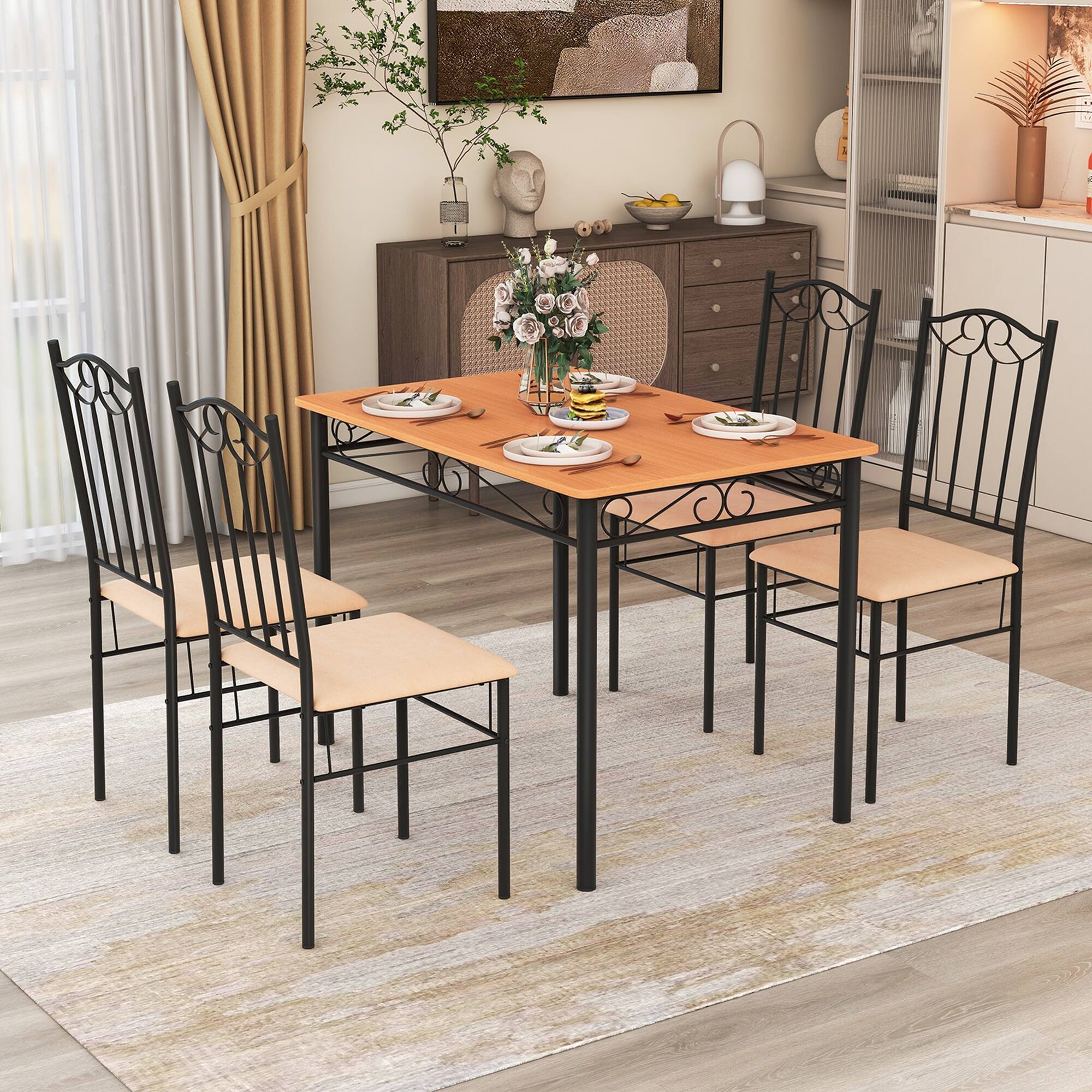 Alt View 4. Costway - 5 PCS Dining Set Wood Metal 30" Table & 4 Chairs Upholstered Kitchen Breakfast Furniture - Brown, Black and Natural.