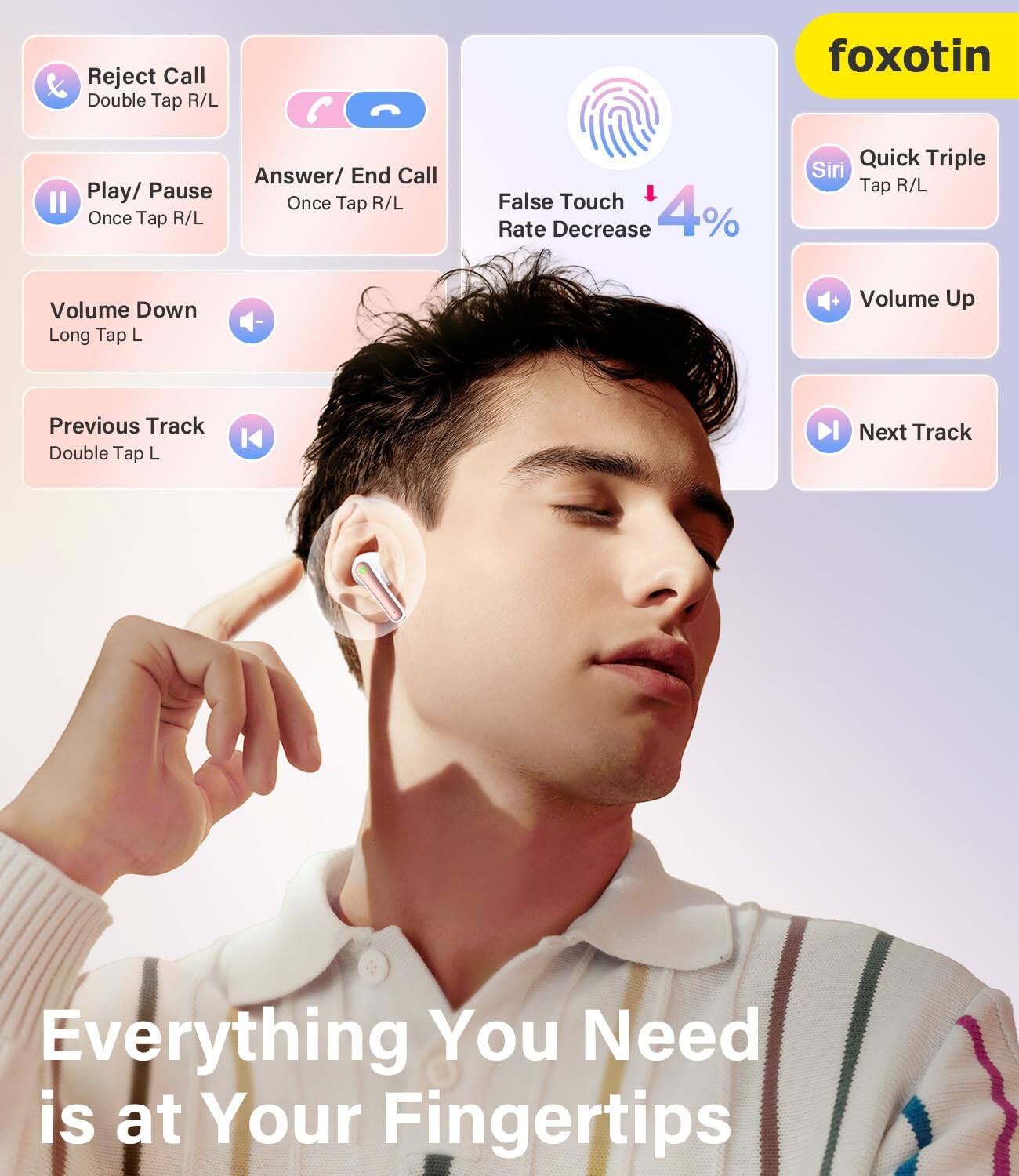 - Reject Call: Double Tap R/L
- Play/ Pause: Once Tap R/L
- Answer/ End Call: Once Tap R/L
- Volume Down: Long Tap L
- Previous Track: Double Tap L
- False Touch Rate Decrease: 4%
- Quick Triple Siri Tap: R/L
- Volume Up: Long Tap L + Volume Up
- Next Track: Double Tap L
- Everything You Need is at Your Fingertips