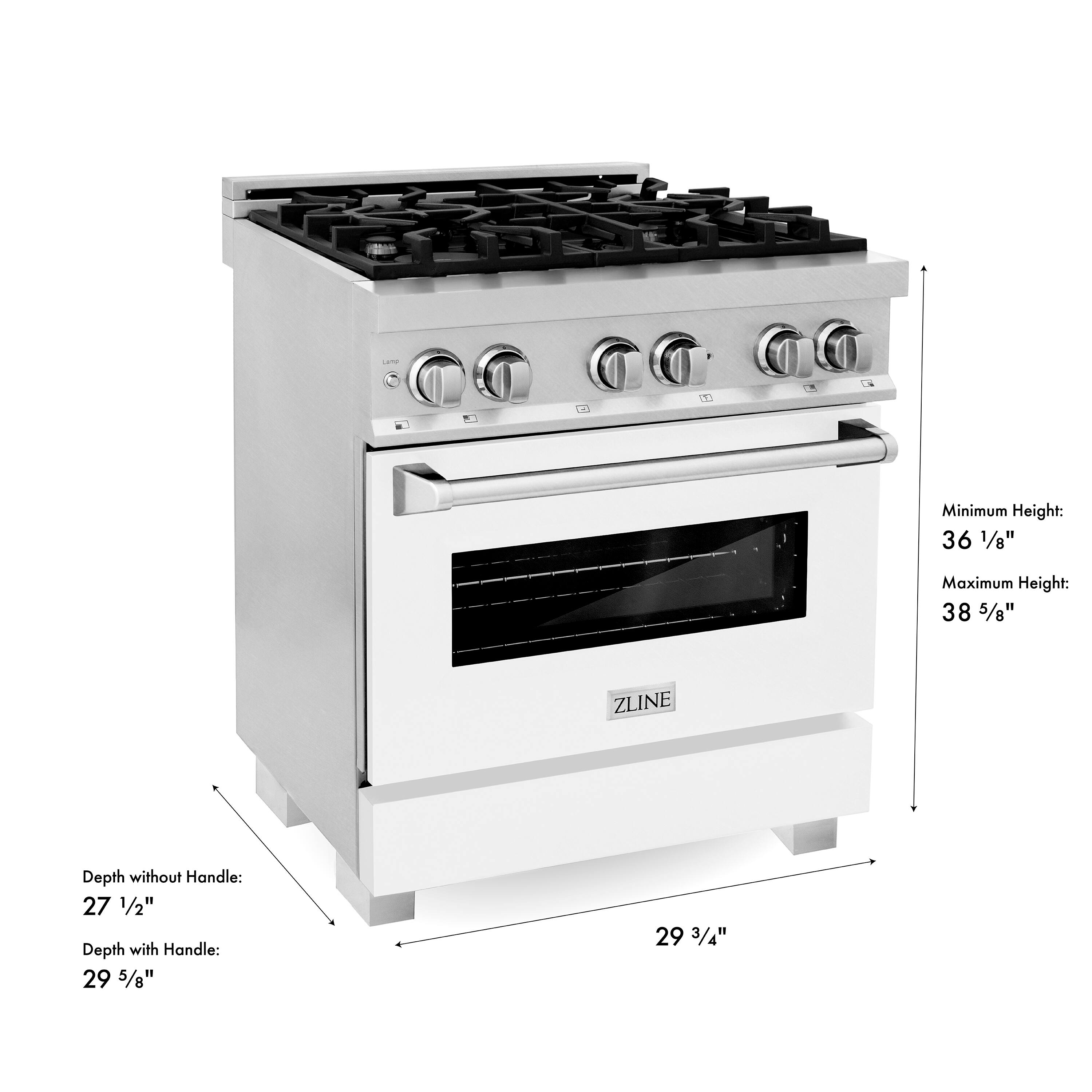 Minimum Height: 36 1/8"  
Maximum Height: 38 5/8"  

Depth without Handle: 27 1/2"  
Depth with Handle: 29 5/8"  

Width: 29 3/4"