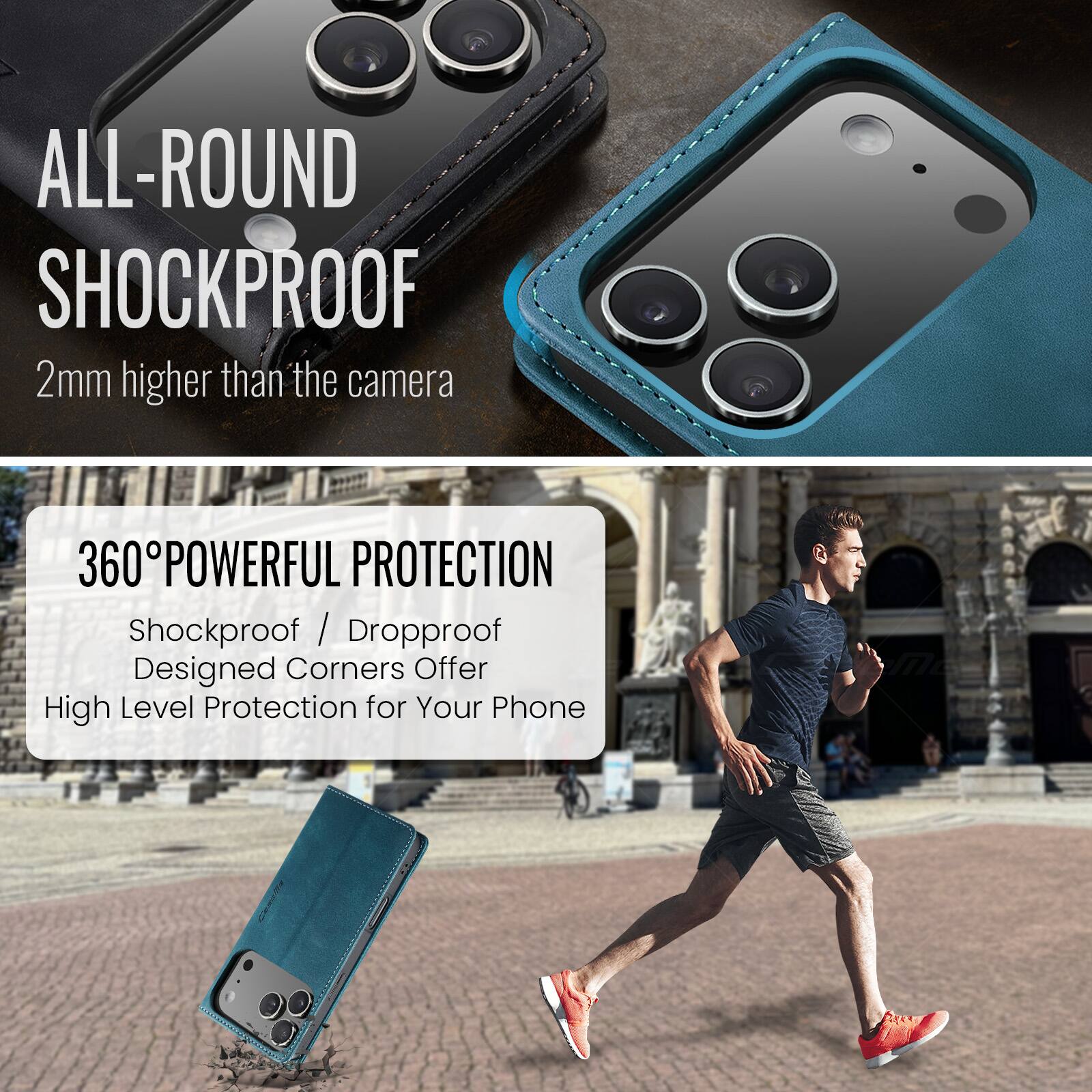 ALL-ROUND SHOCKPROOF  
2mm higher than the camera  

360° POWERFUL PROTECTION  
Shockproof / Dropproof  
Designed Corners Offer High Level Protection for Your Phone