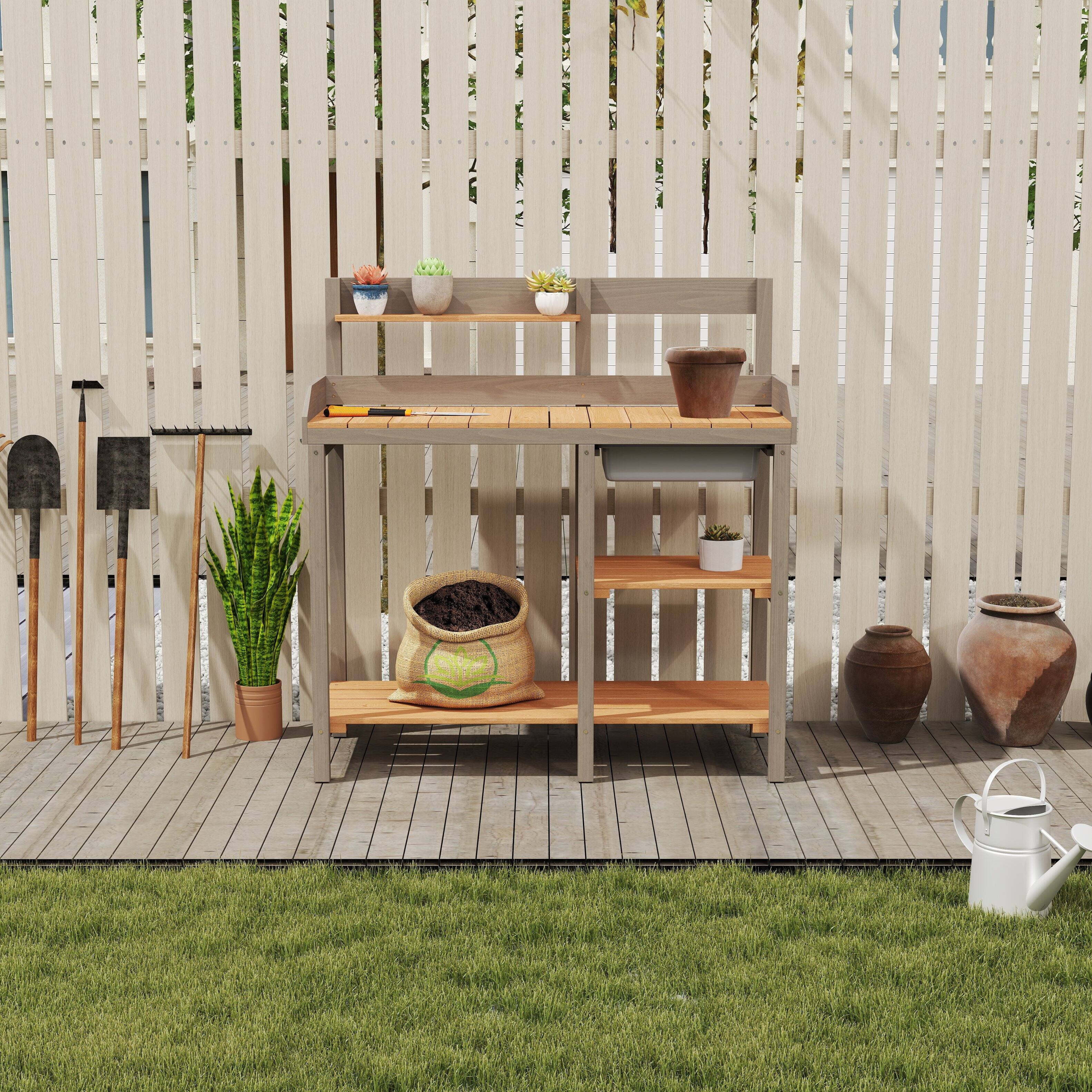 Alt View 1. APRILSOUL - Outdoor Wooden Potting Bench Table With Sink Garden Work Bench Shelf Outside Patio - Grey,Brown.