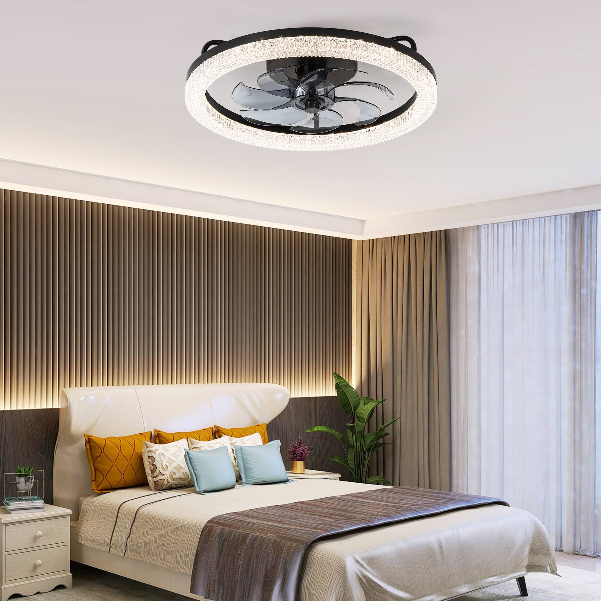 Alt View 2. Breezary - Breezary 20" Flush Mount Ceiling Fan with LED Light, 7 PC Blades, 6-Speed DC Motor, Remote Control with Memory Function - Matte Black.