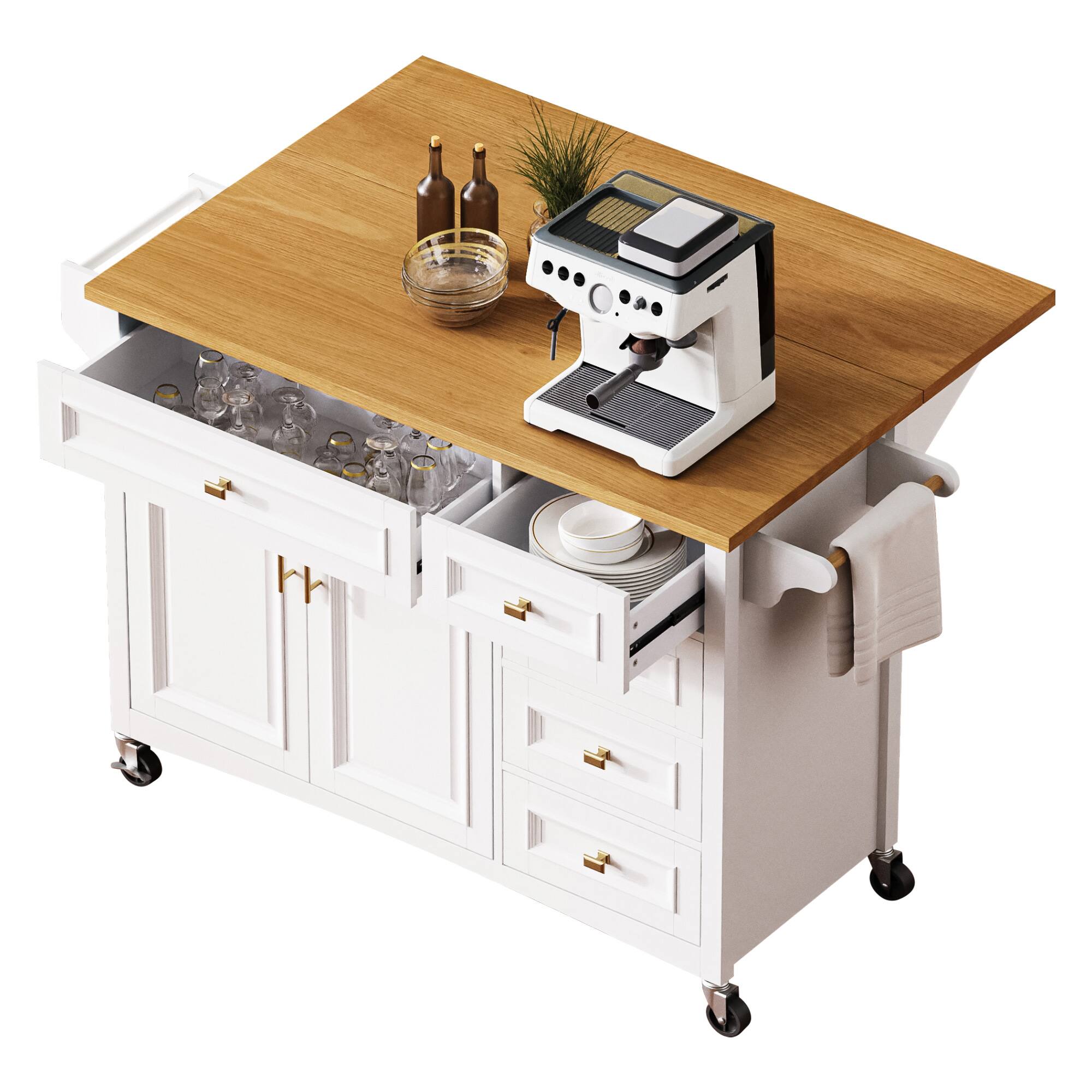 Alt View 4. Forest'nSky - 52" Kitchen Island with Drop Leaf – Embossed Texture Cart on Wheels, 5 Drawers, 2 Doors, Spice & Towel Racks, White - White.