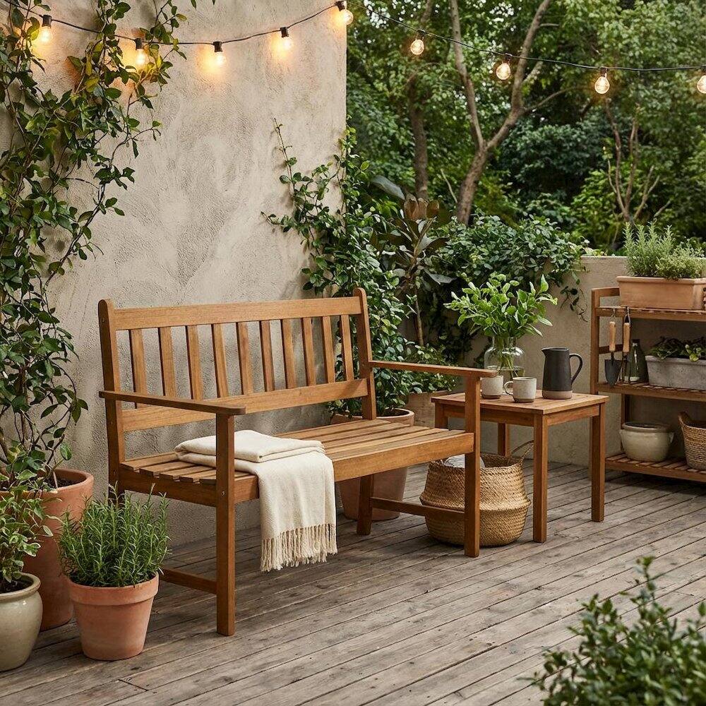 Alt View 2. Outdoor Escape - Oil-Finish Acacia Wood Bench with Oil Finish and Modern Design - Multi-Color.