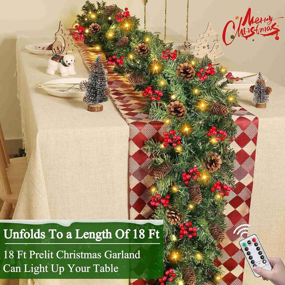 Merry Christmas

Unfolds To a Length Of 18 Ft  
18 Ft Prelit Christmas Garland  
Can Light Up Your Table