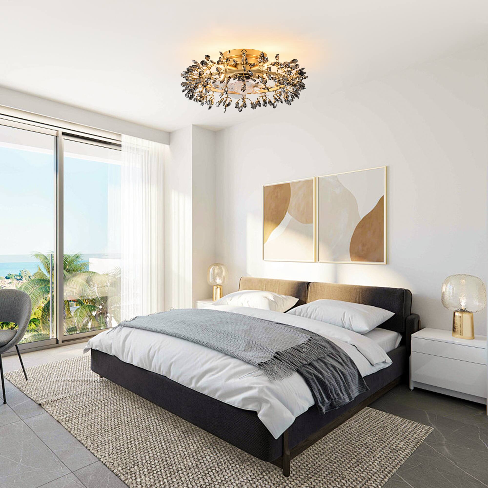 Back. Parrot Uncle - Modern American Black Crystal Flush Mount Chandelier Ceiling Fan with Remote and Retractable Blades - Gold.