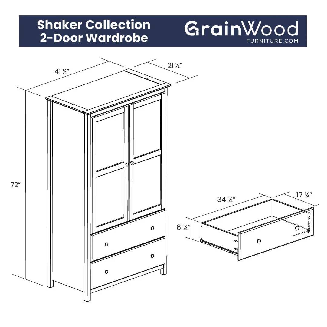 Shaker Collection 2-Door Wardrobe  
GrainWood FURNITURE.COM  

Dimensions:  
- Height: 72"  
- Width: 41 1/4"  
- Depth: 21 1/2"  
- Drawer Height: 6 1/4"  
- Shelf Height: 34 1/4"  
- Shelf Width: 17 1/4"